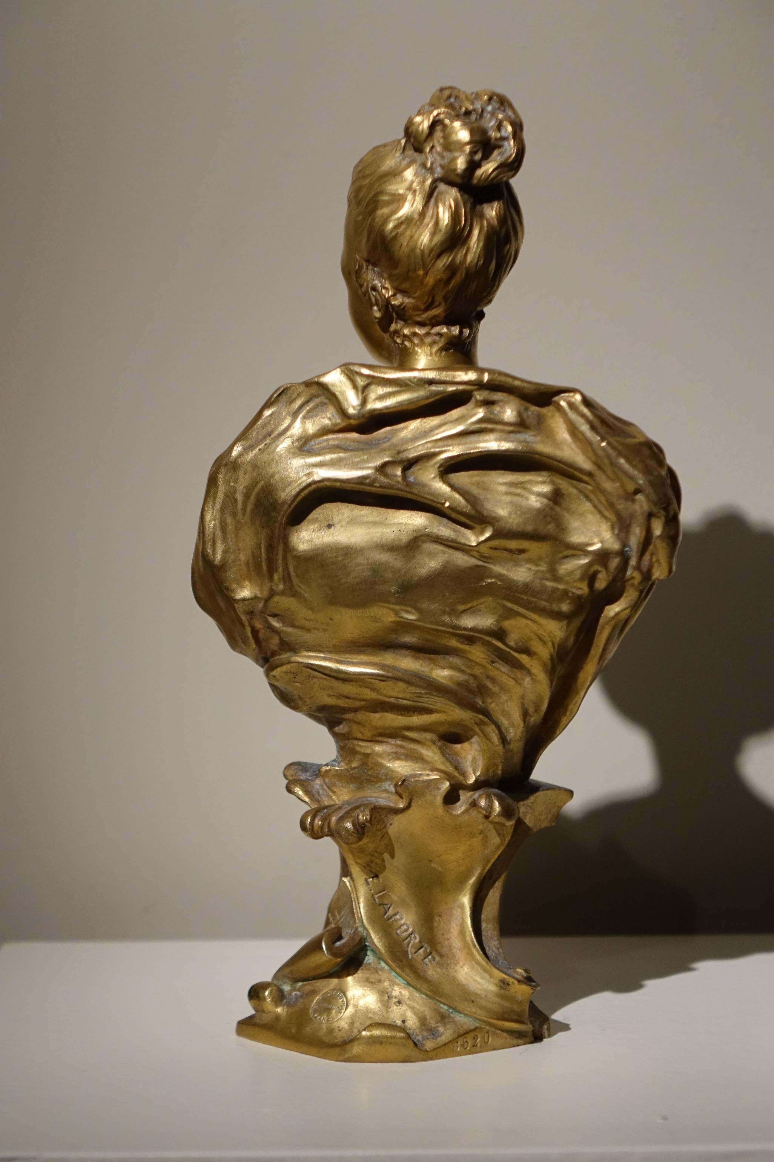 Art Nouveau Bust of a Young Woman Gilt Bronze, Signed E.LAPORTE For Sale