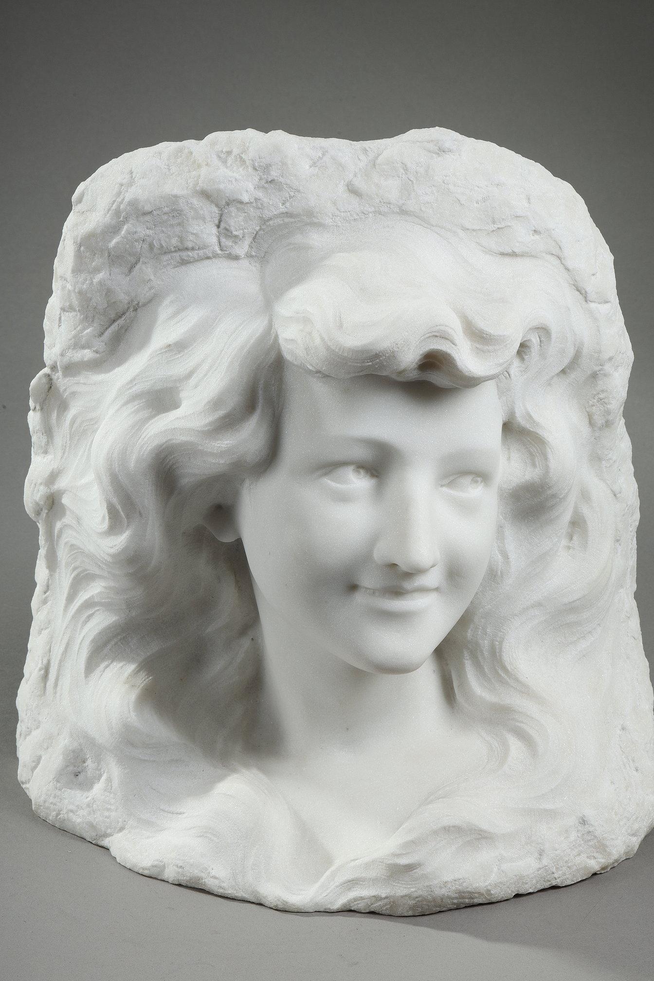Art Nouveau Bust of a young woman in Carrara marble, 19th century For Sale