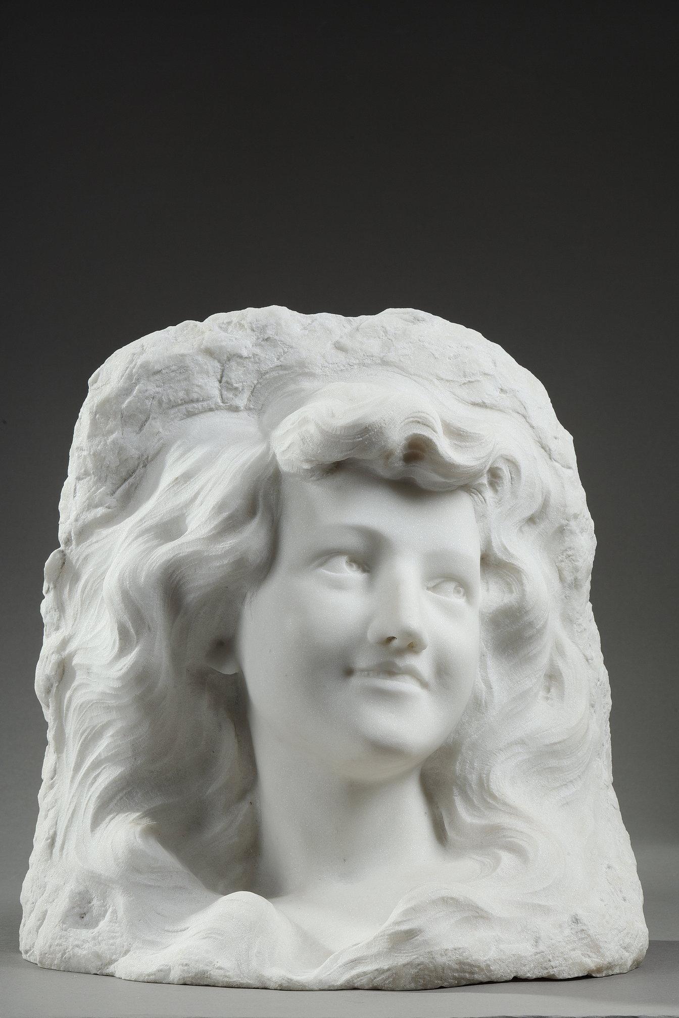 French Bust of a young woman in Carrara marble, 19th century For Sale