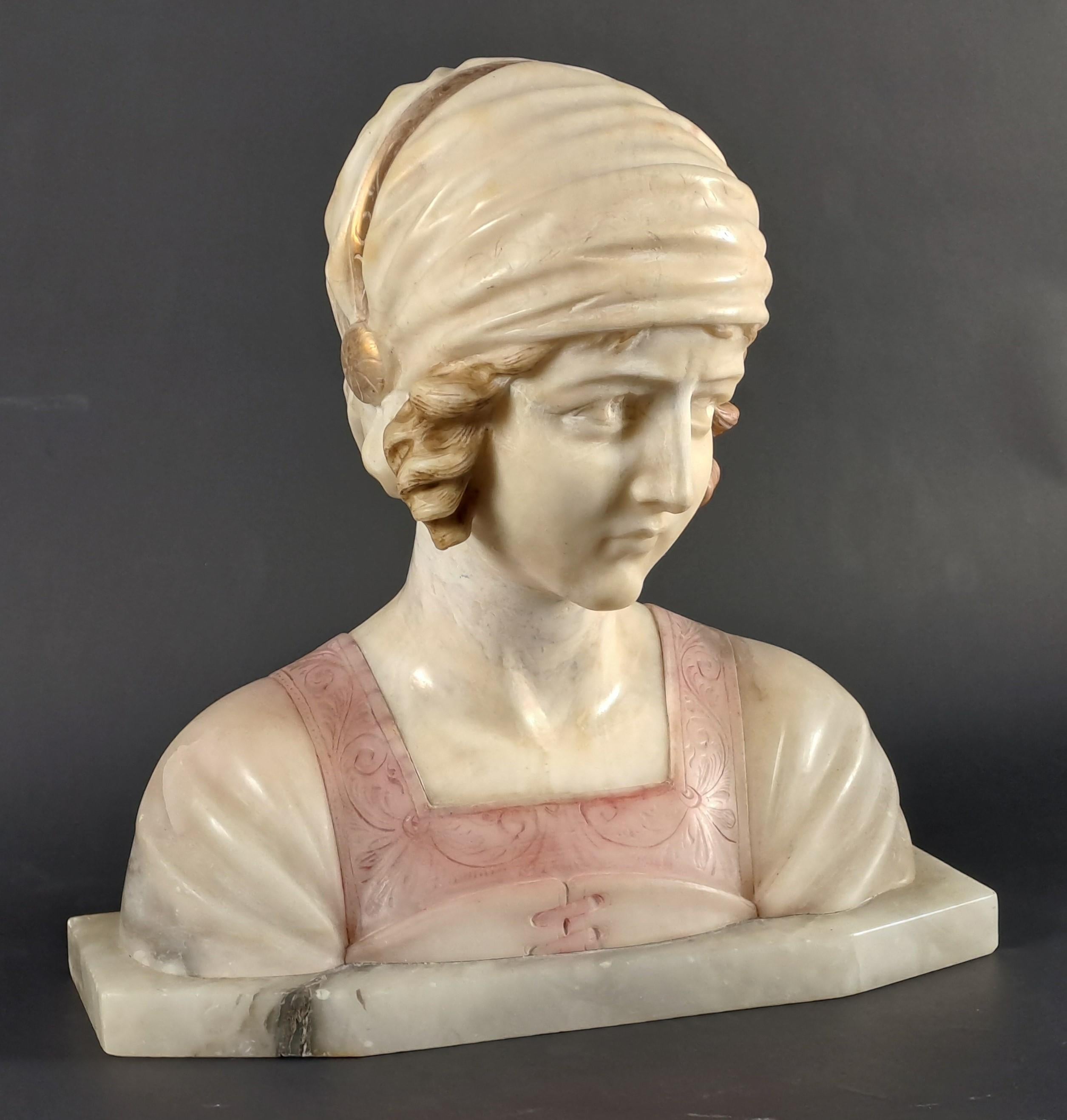 Art Nouveau Bust Of A Young Woman In Polychromed Alabaster