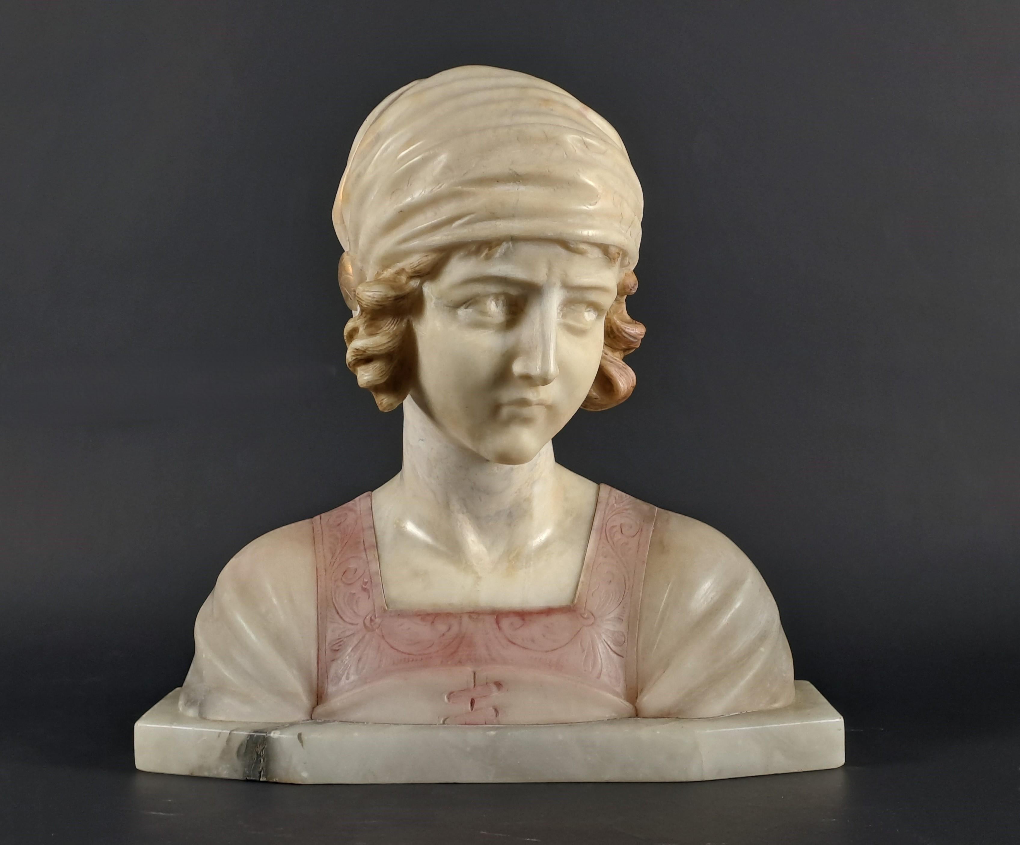 French Bust Of A Young Woman In Polychromed Alabaster