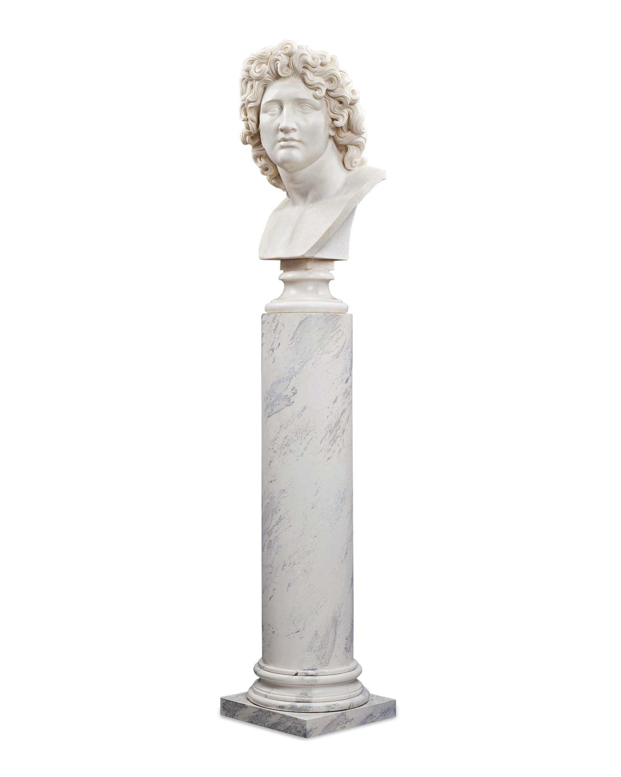 An imposing work of extraordinary artistry, this marble bust captures the visage of Alexander the Great, the Macedonian King who is one of the most legendary figures in history. Crowned King of Macedonia at the age of nineteen, he conquered the