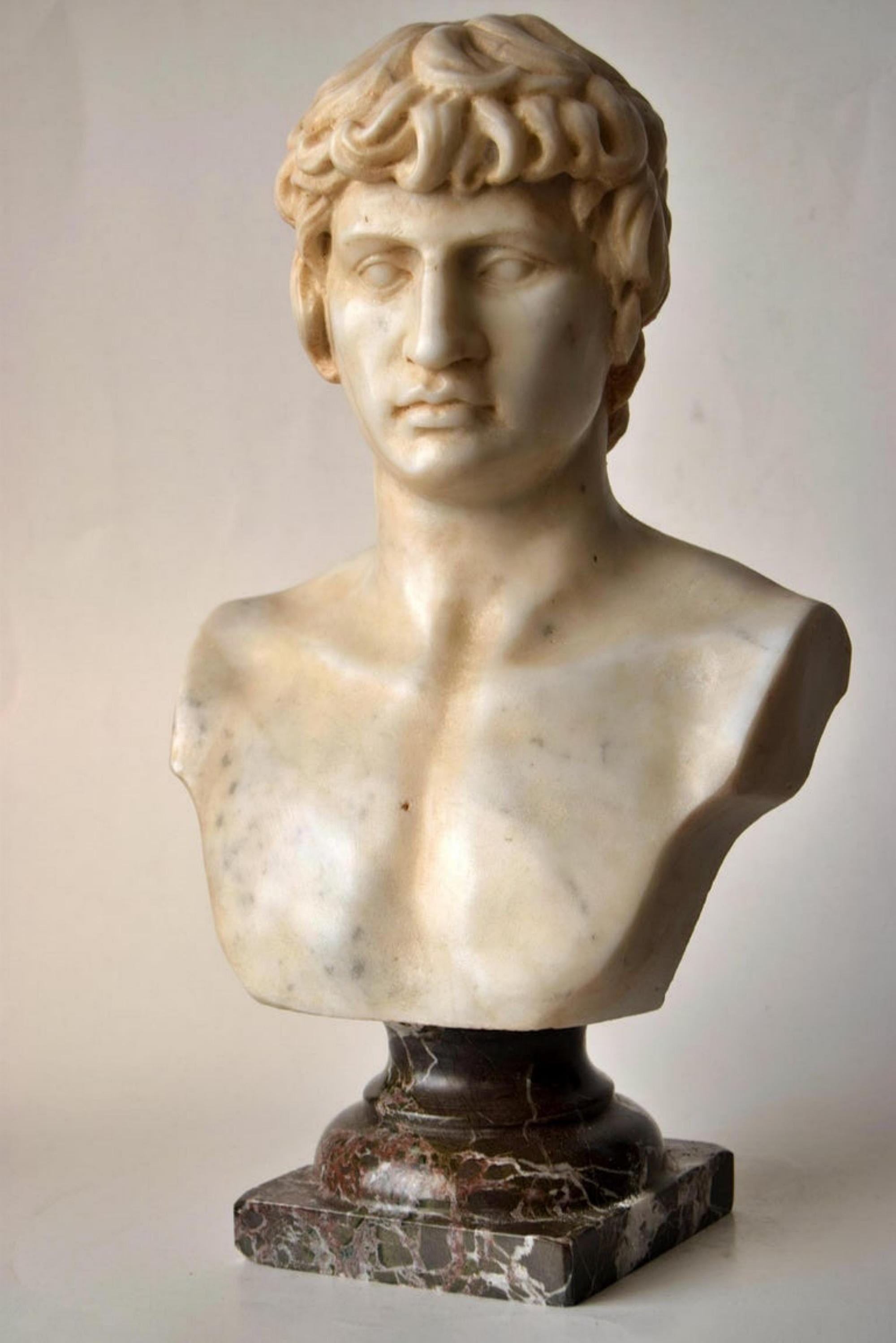 Buste d'antinoüs sculpté sur marbre blanc de Carrare début 20ème siècle.
Posé sur un socle tourné en marbre rouge de Levanzo.
Dimensions : 35 x 20 x 12cm.
Parfait état pour l'âge.