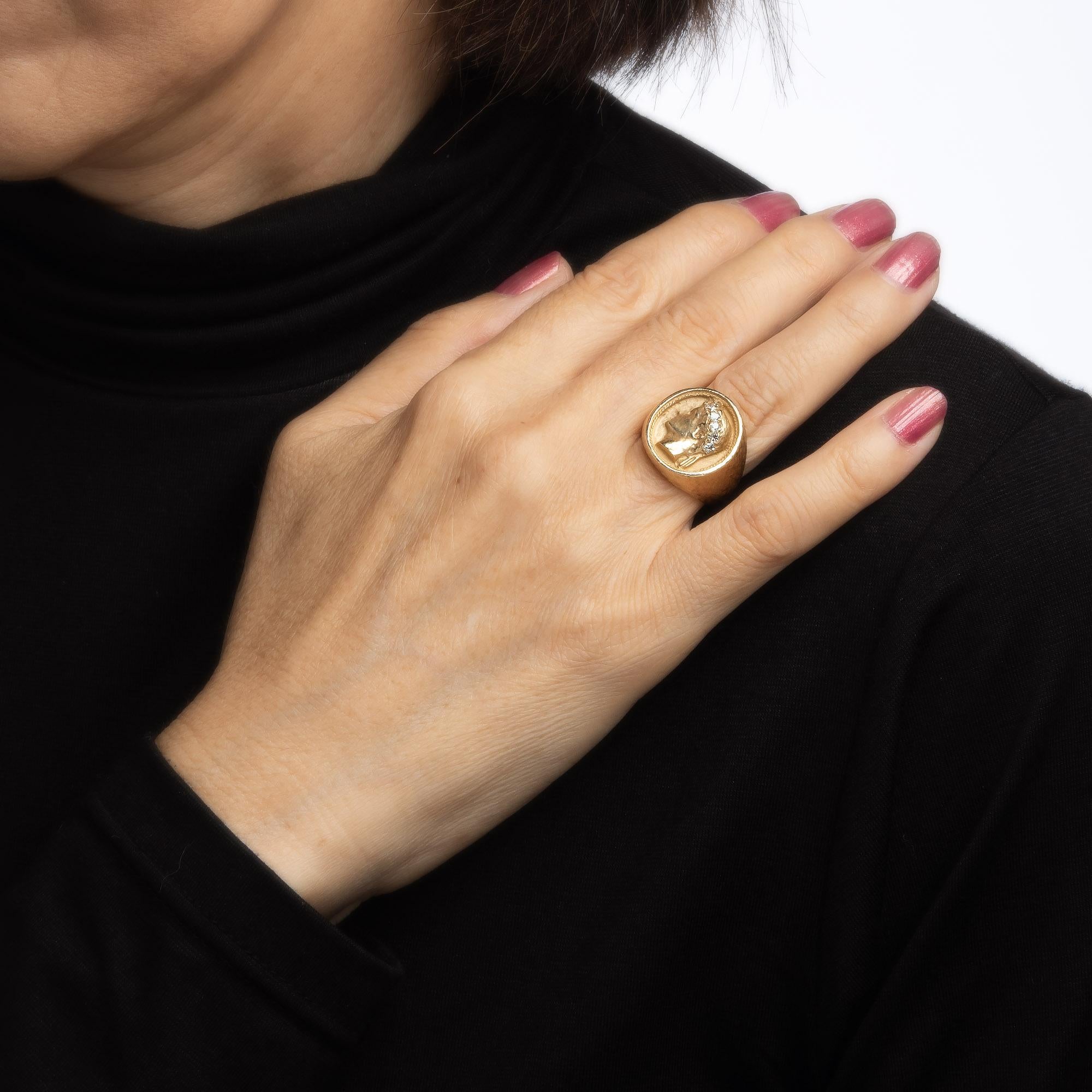 Round Cut Bust of Caesar Ring Vintage 14k Yellow Gold Signet Diamond Estate Jewelry