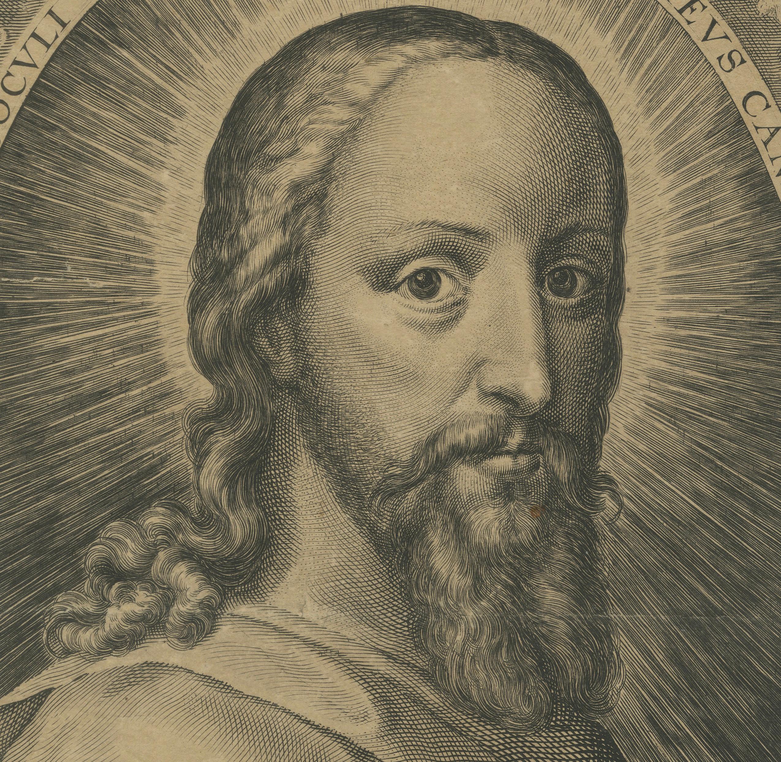 Bust of Christ – Engraving by Crispijn van de Passe I, circa 1600

This finely executed early 17th-century engraving by Crispijn van de Passe the Elder (1564–1637) presents a radiant bust portrait of Christ, shown with long hair, a beard, and a