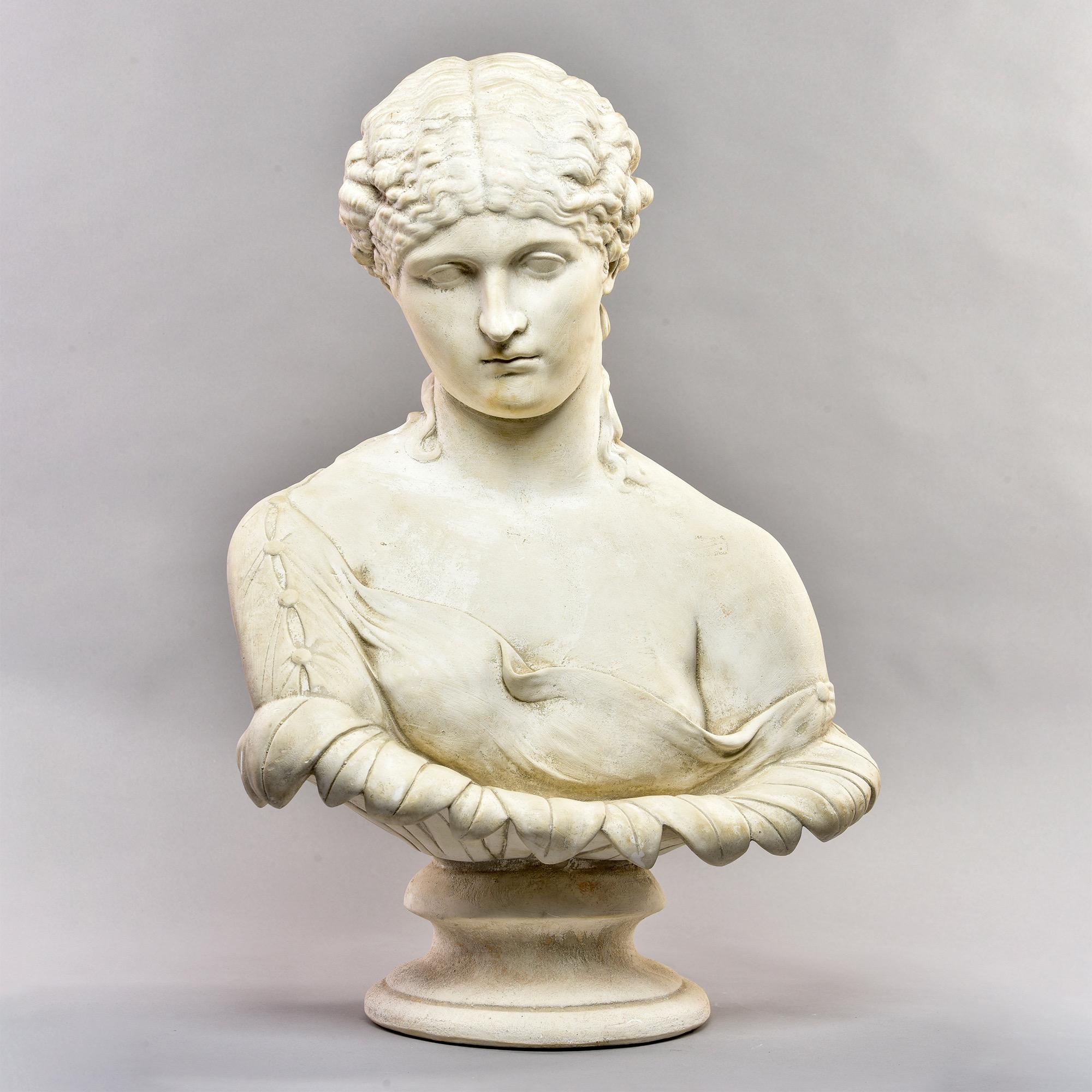 Classical bust of Greek figure in plaster composite on pedestal base. Beautifully rendered with fine detail. Found at US estate - unknown maker and age.