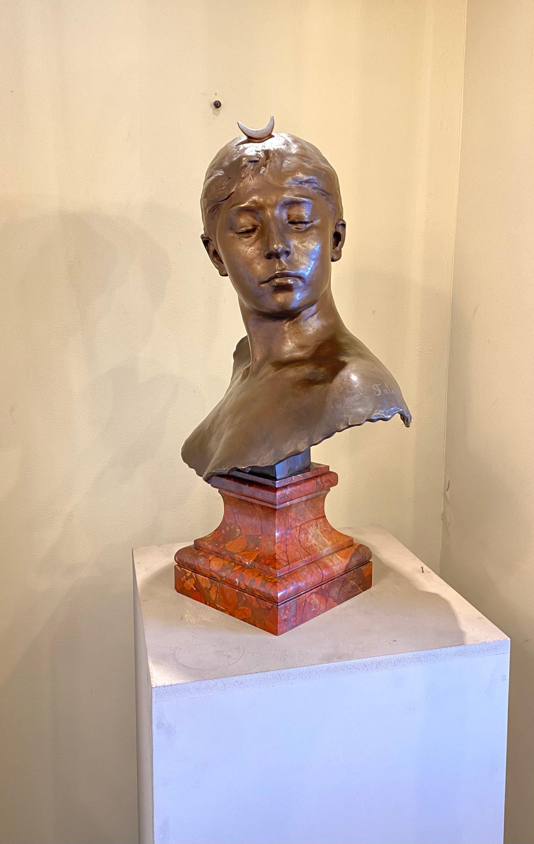 Bust of Diana in patinated bronze after a model by Alexandre Falguière (1831 - 1900) by the Thiébaut Frères foundry, Paris.
  raised on a square base in Violet de Brignoles marble with the A. Falguière incision on one shoulder

This magnificent