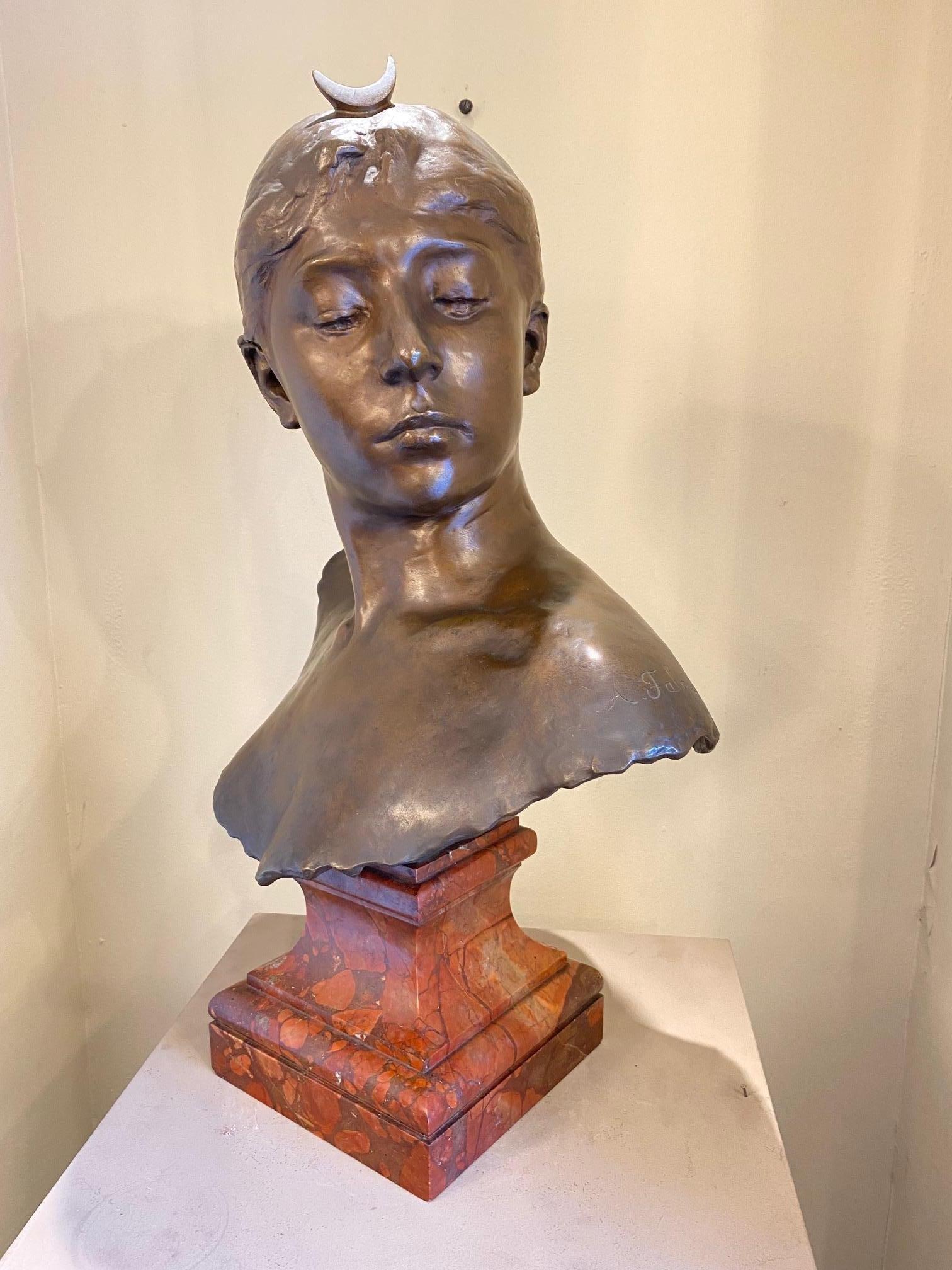 19th Century Bust of Diana Bronze by  Alexandre Joseph Falguiere, Art Nouveau