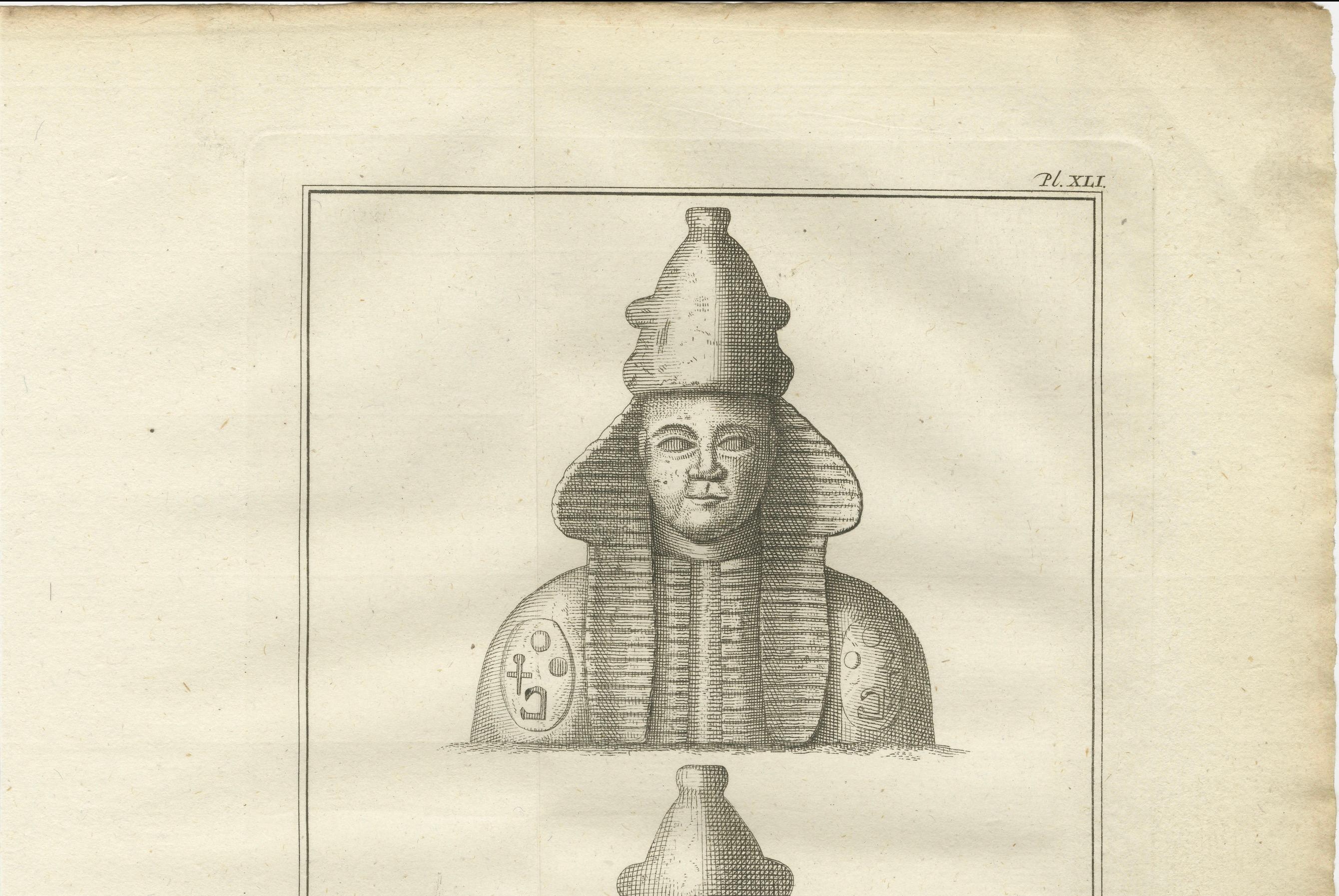 Bust of Egyptian Pharaoh Osymandias, Thebes – Front and Rear Views, c.1776

Description:
This antique engraving features the upper portion of a colossal statue identified as Osymandias (a Greek rendering of Ramses II), one of ancient Egypt's most