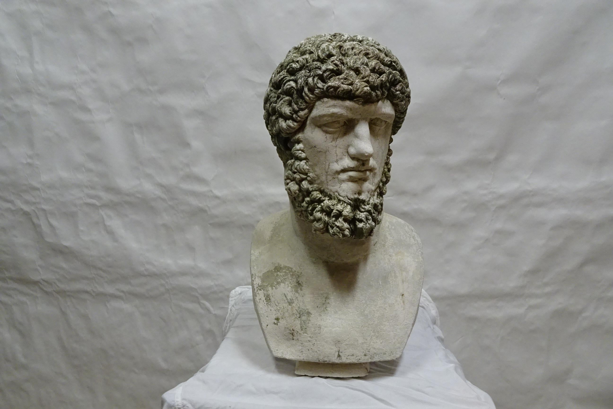 Dies ist eine einzigartige Büste des römischen Kaisers Lucius Aurelius Verus. Das Haar und der Bart sind mit Grünalgen bedeckt.