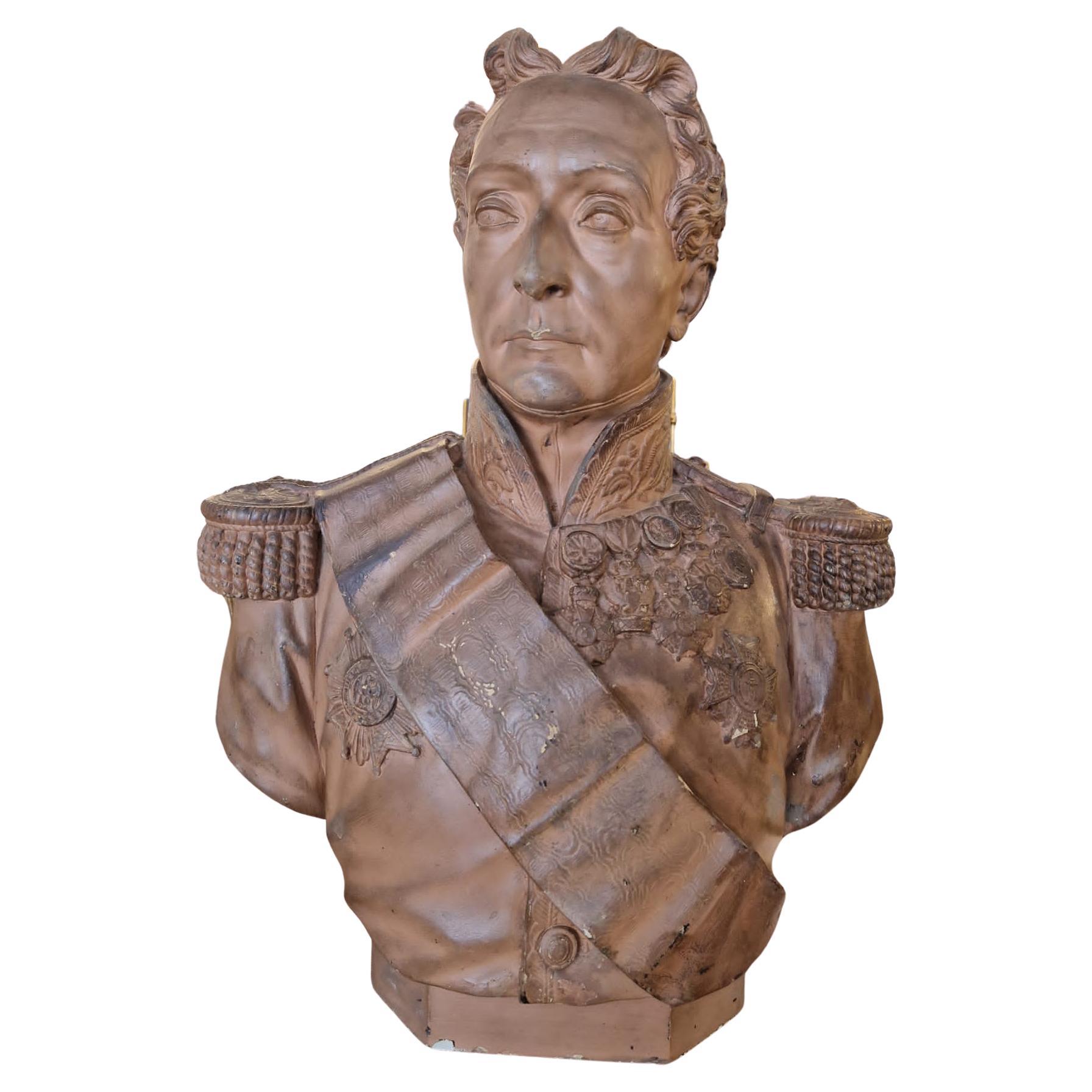 Very beautiful plaster bust, with a terracotta patina, of General Pierre de Pelleport (1773-1855), Peer of France (1841-1848), Mayor of Bordeaux (1842). Viscount, Grand Officer of the Legion of Honor, Commander of Saint Louis. Rare model of this