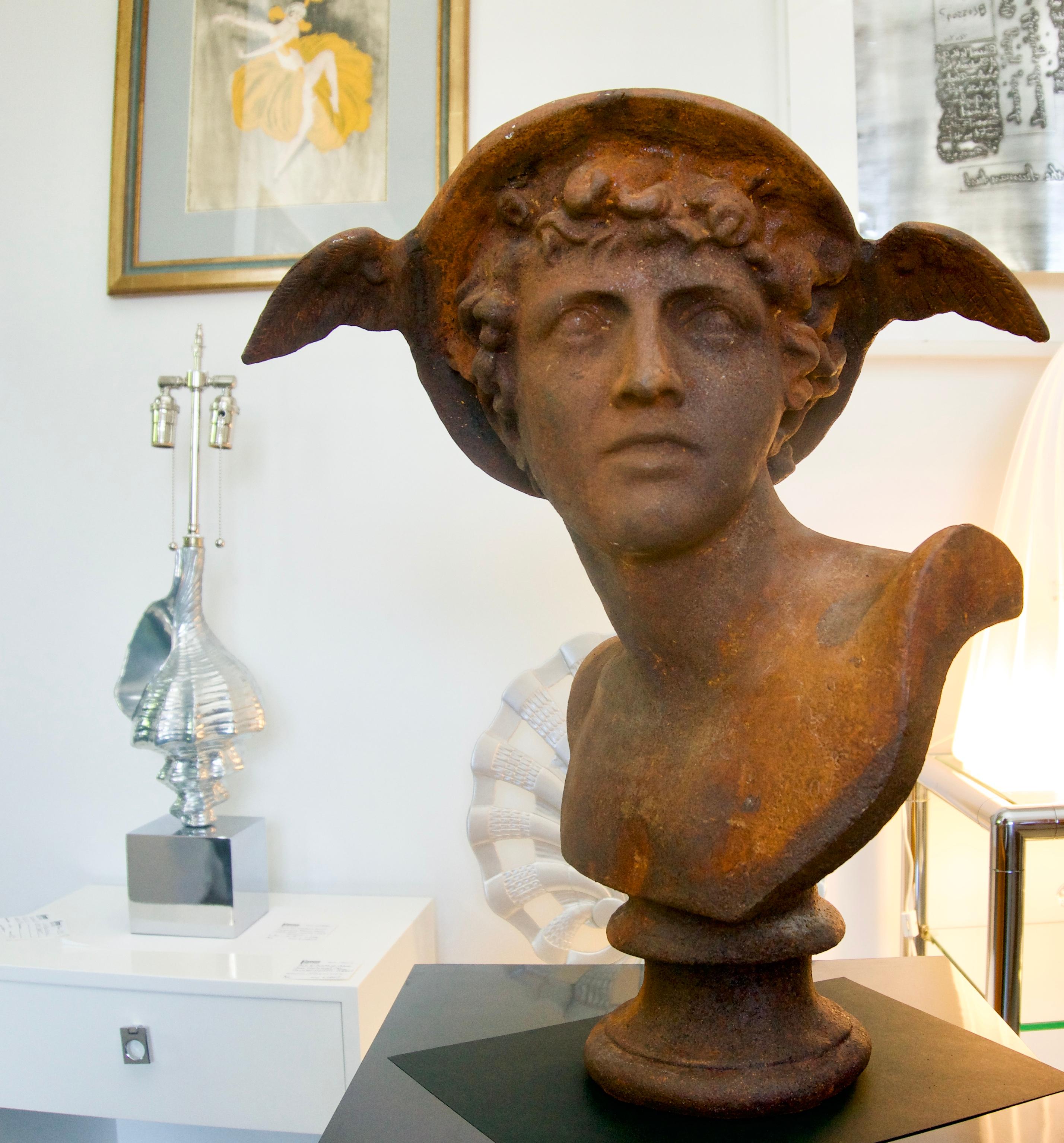 This cast iron bust of Hermes was acquired from a Palm Beach and it dates to the late 19th century.
 