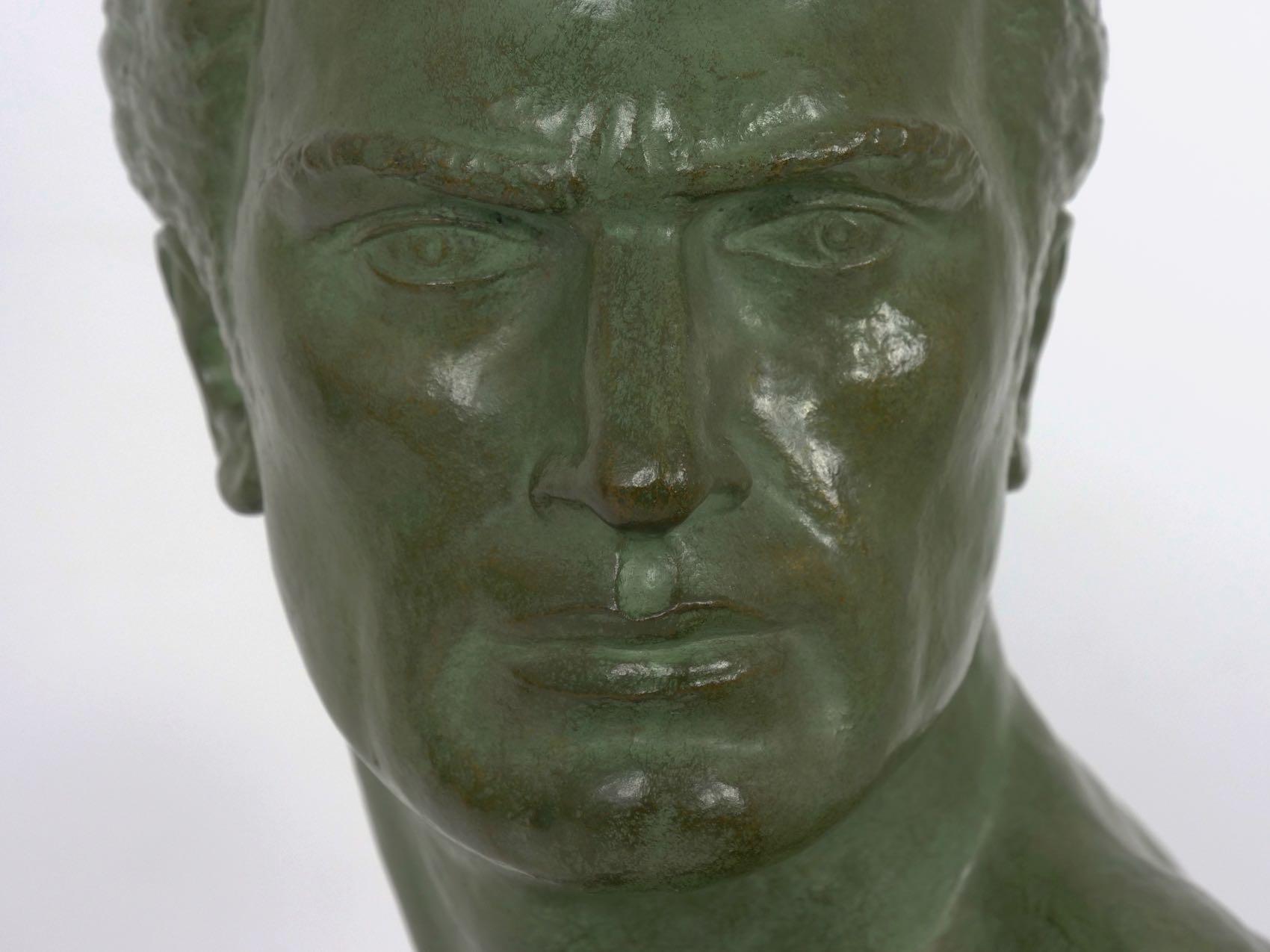 “Bust of Jean Mermoz” French Art Deco Bronze Sculpture by Lucien Gibert 8