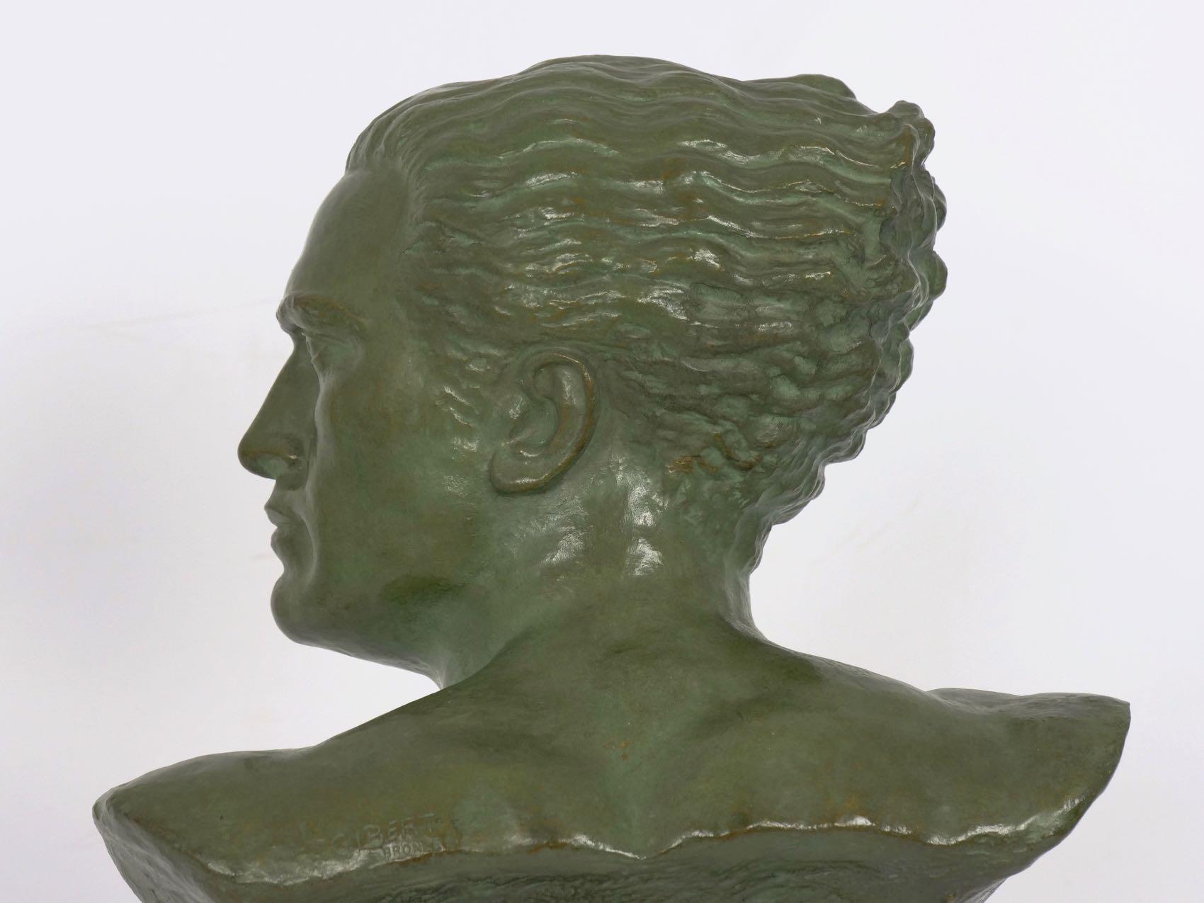 “Bust of Jean Mermoz” French Art Deco Bronze Sculpture by Lucien Gibert 10