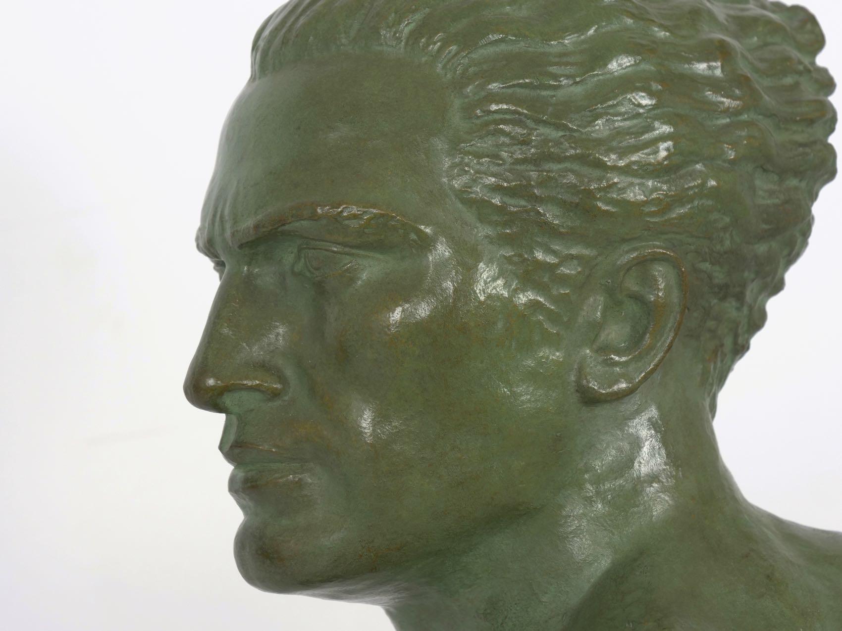 “Bust of Jean Mermoz” French Art Deco Bronze Sculpture by Lucien Gibert 11