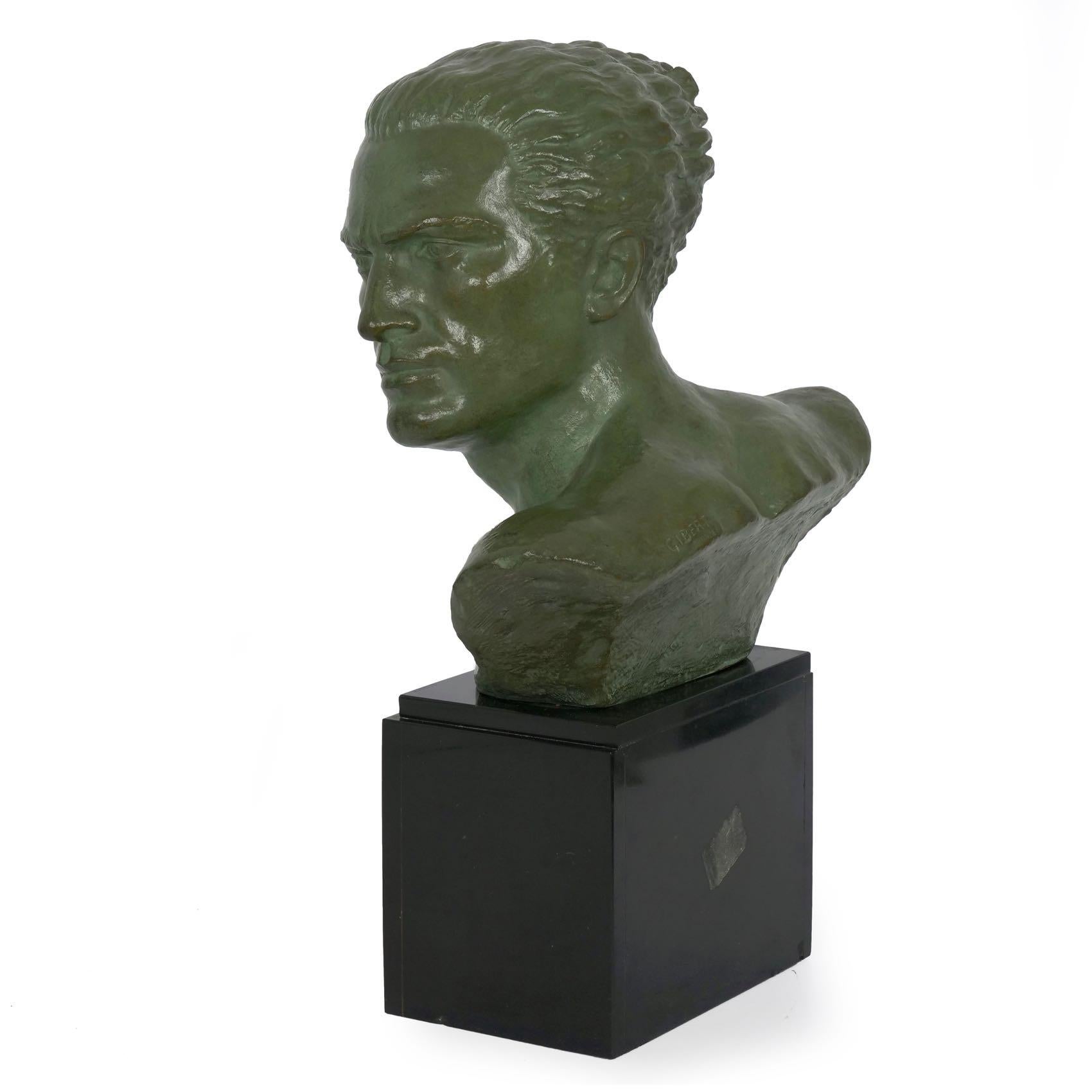 “Bust of Jean Mermoz” French Art Deco Bronze Sculpture by Lucien Gibert In Good Condition In Shippensburg, PA