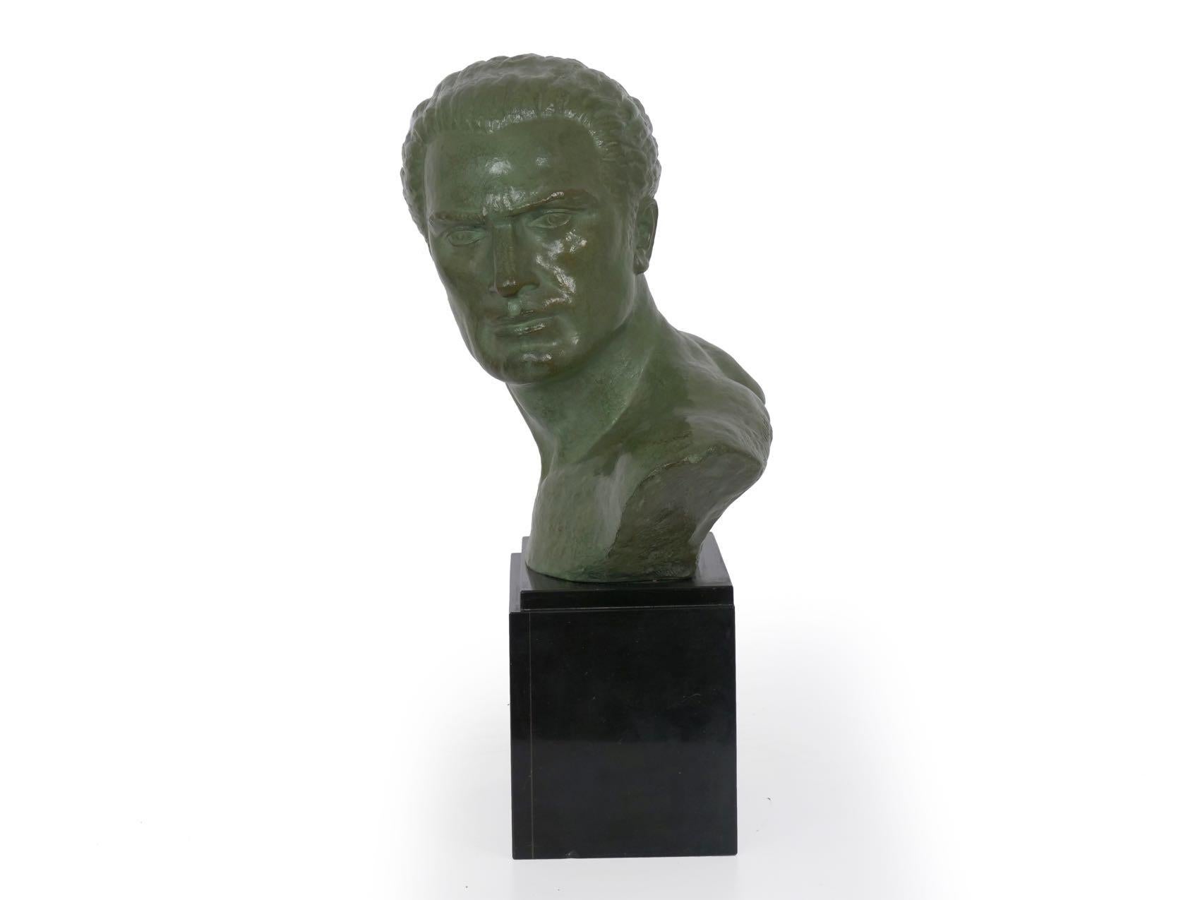 20th Century “Bust of Jean Mermoz” French Art Deco Bronze Sculpture by Lucien Gibert