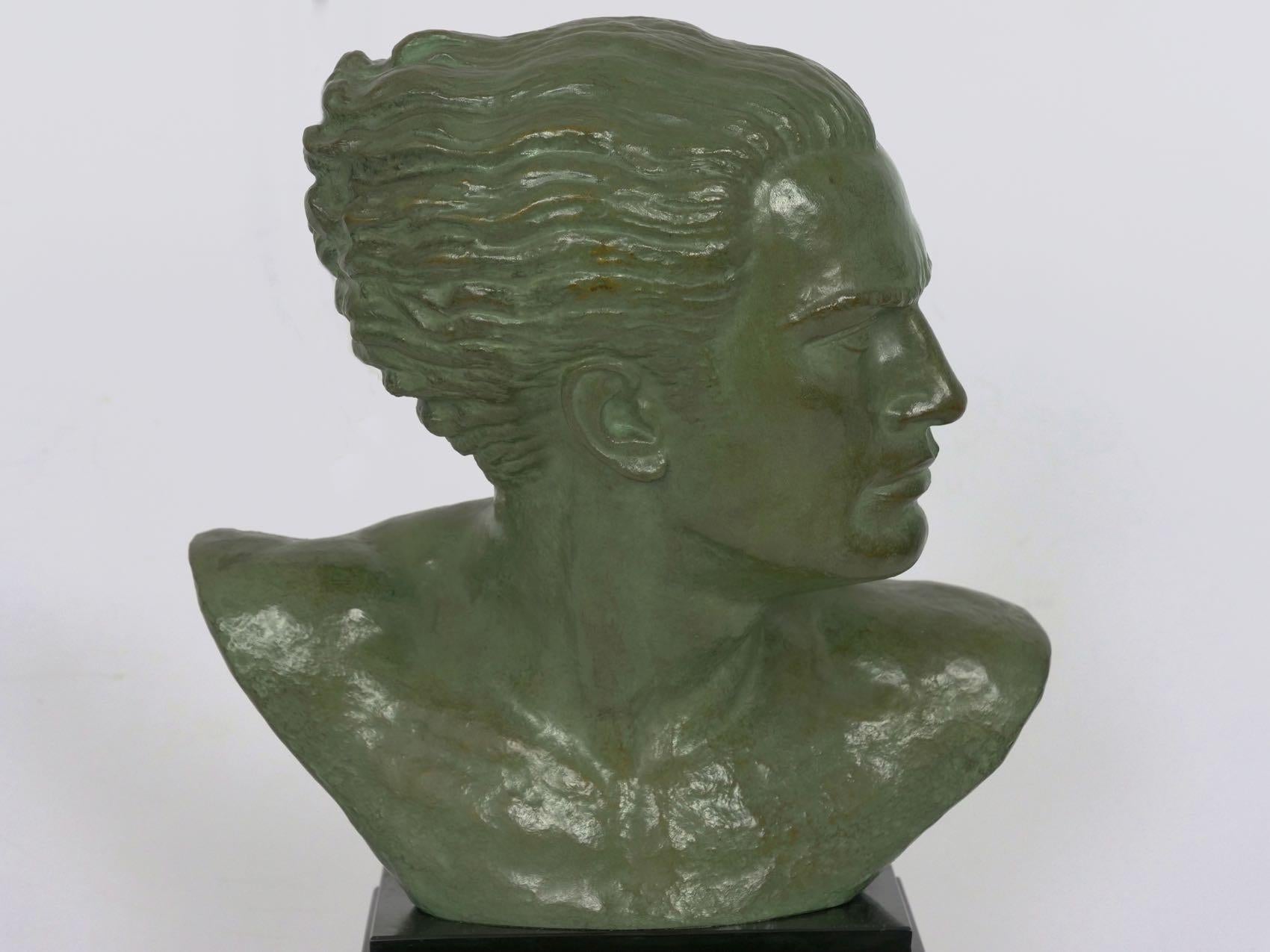 “Bust of Jean Mermoz” French Art Deco Bronze Sculpture by Lucien Gibert 3