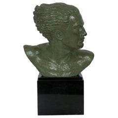 Vintage “Bust of Jean Mermoz” French Art Deco Bronze Sculpture by Lucien Gibert