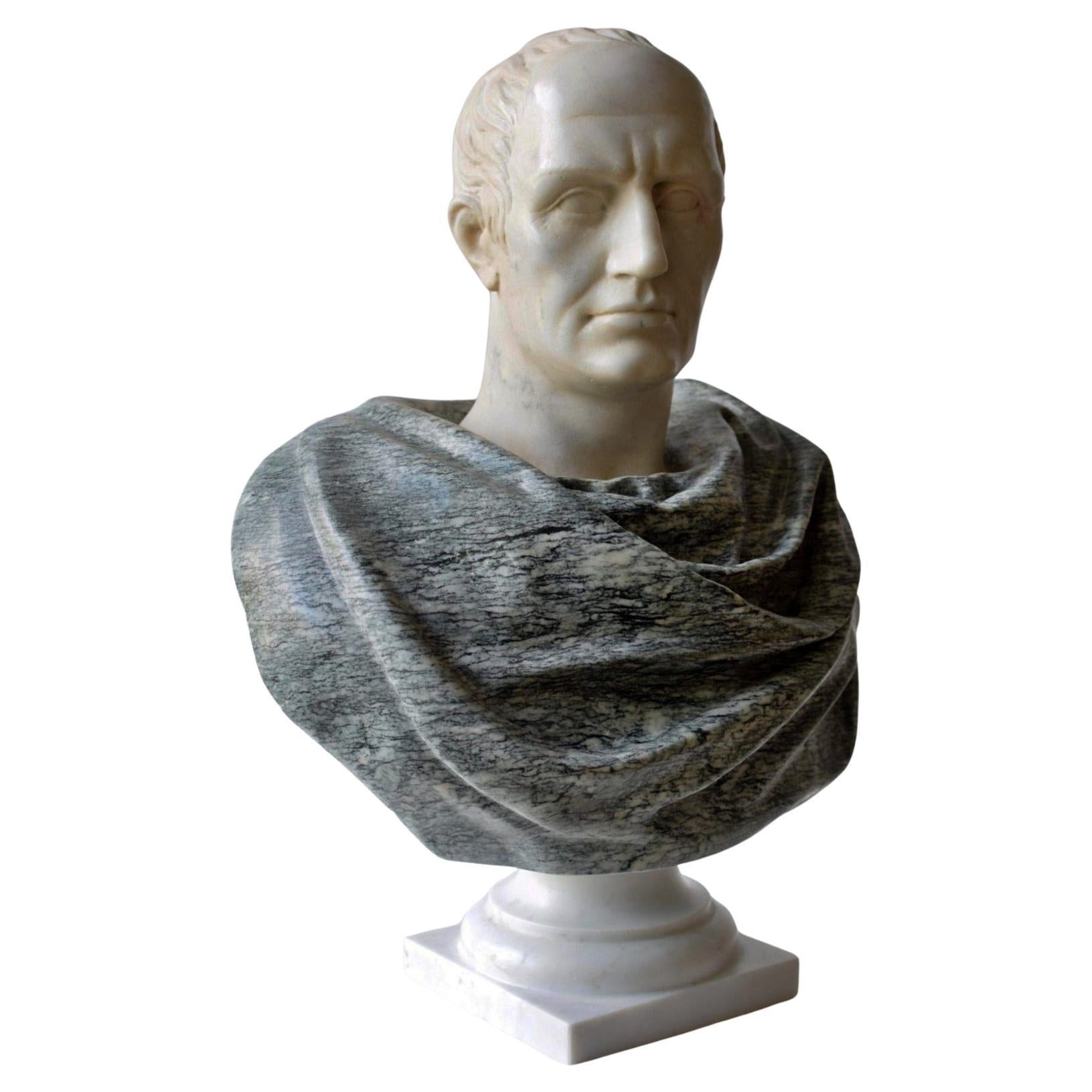 Bust of Julius Caesar carved on Cipollino Apuan Marble end 20th Century For Sale