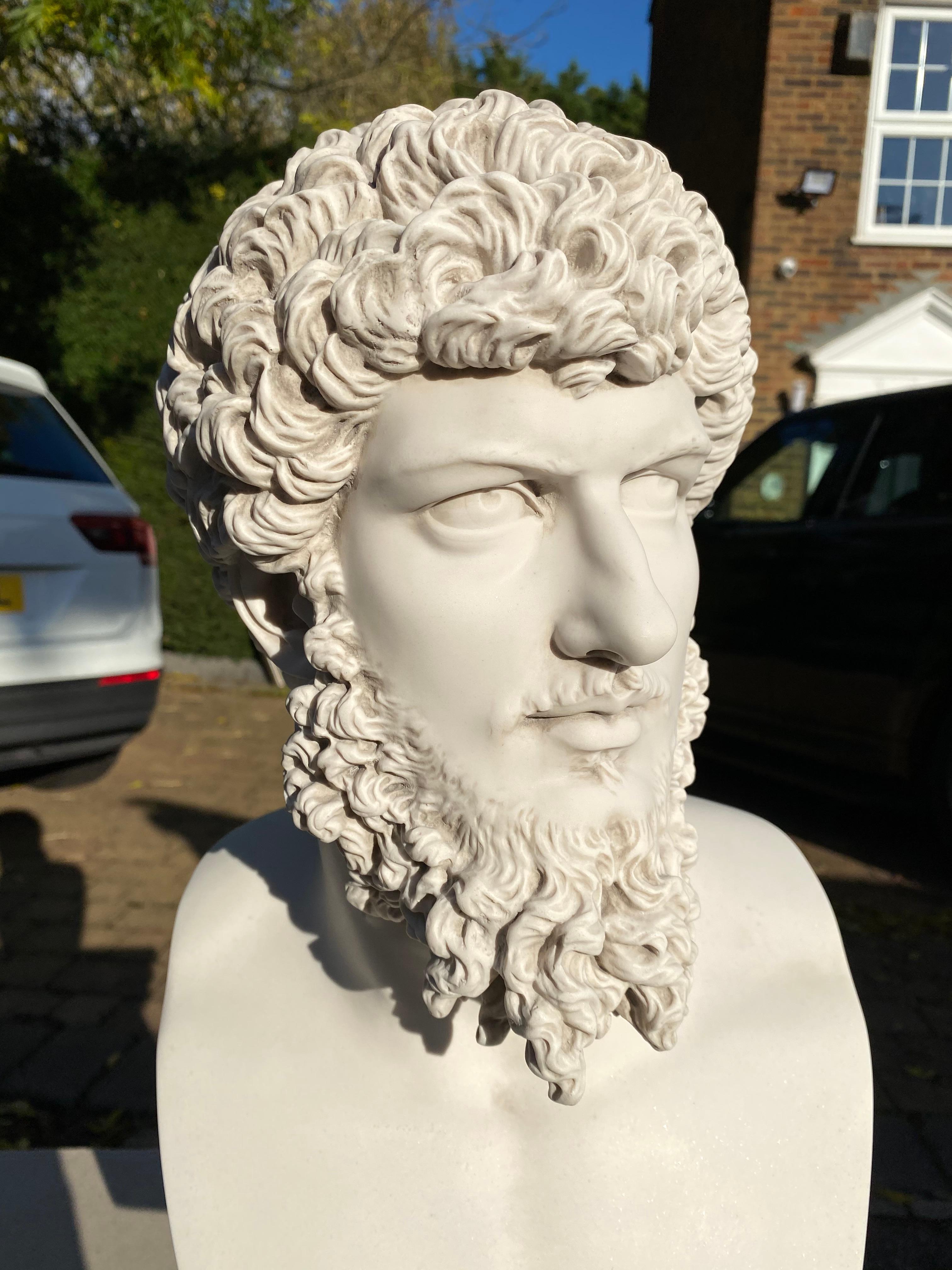 This 20th-century bust of Lucius Verus captures the dignified and refined presence of the Roman Emperor known for his co-rule alongside Marcus Aurelius. The sculpture showcases Lucius Verus with his distinct curly hair, well-groomed beard, and