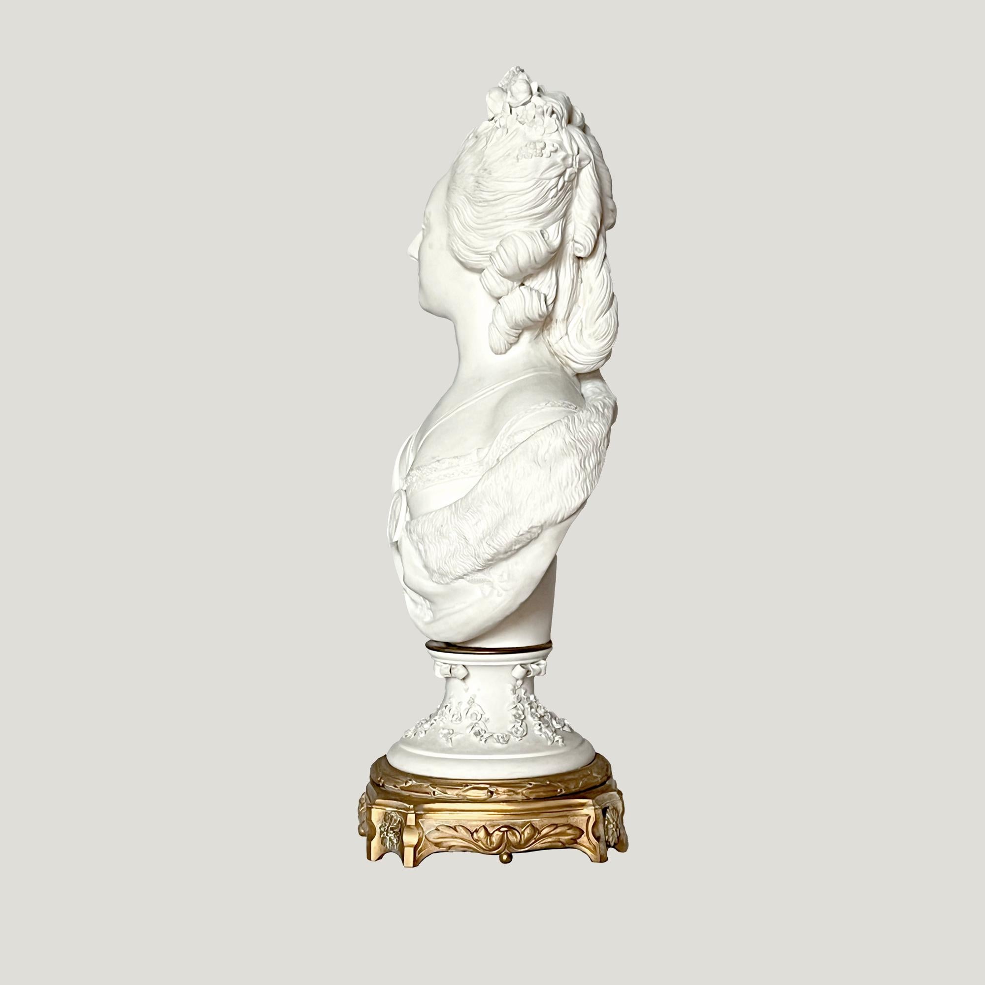Bust of Marie-Antoinette in biscuit (hard porcelain) from the Royal Manufacture of Sèvres mounted on an ornamented bronze stand.
Signed and Stamped Felix Lecomte (later).
Slight accident in the back.

Felix Lecomte (1737-1817) sculpted