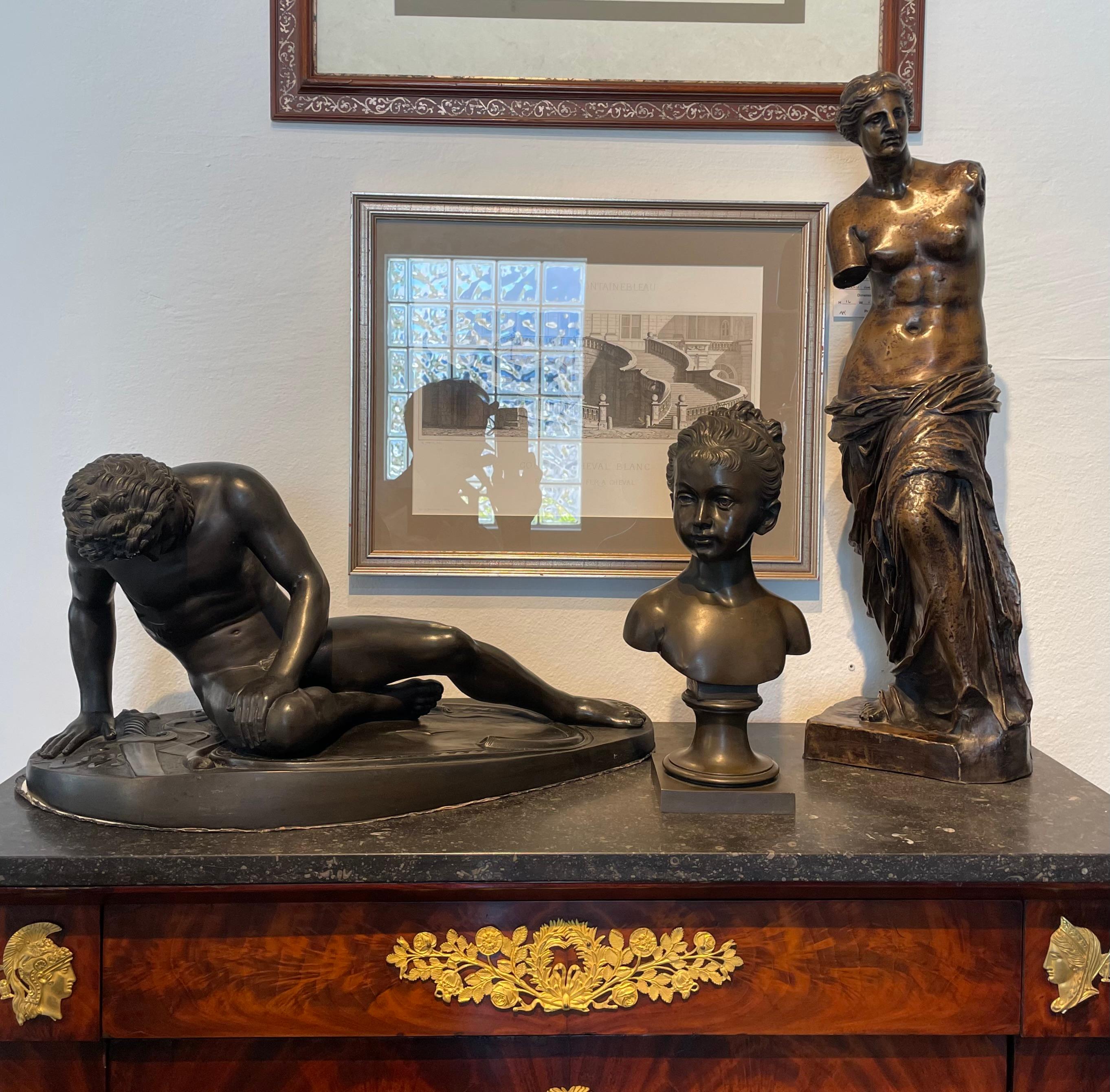 This stylish and chic cast bronze bust of a Marie Louise Brongniart dates to the 1880s and is after the original sculpture by Jean Antoine Houdon.
 