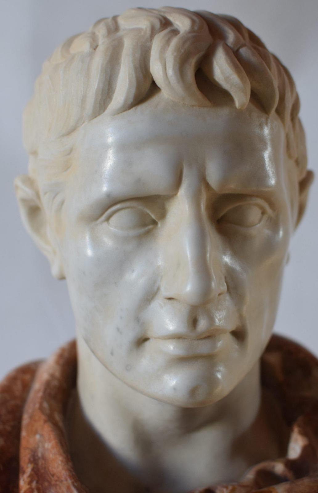 Modern Bust of Octavian Augustus in Breccia Pernice and white Carrara  end 20th Century For Sale
