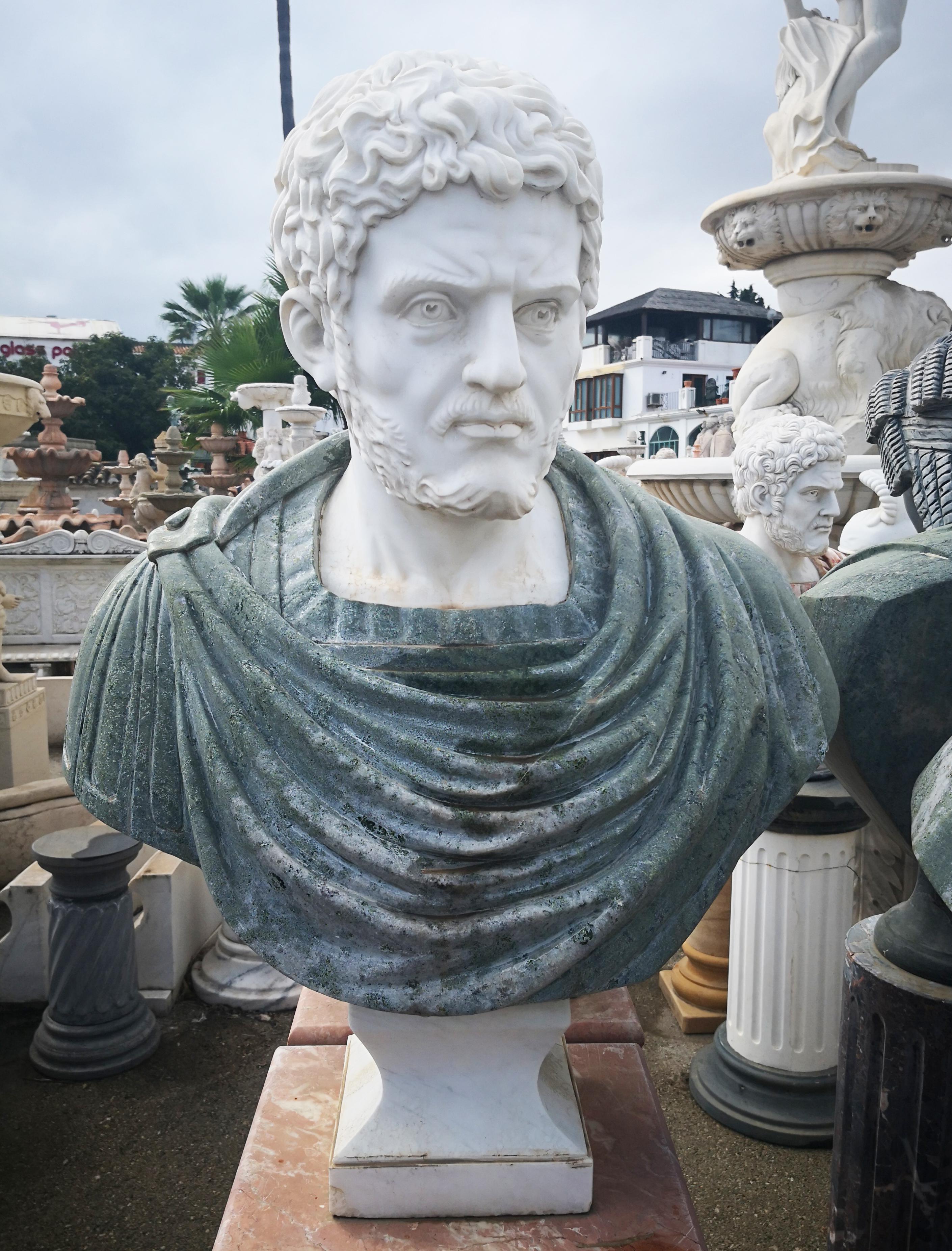 Bust of Roman emperor Hadrian in Carrara white and serpentine green marbles.