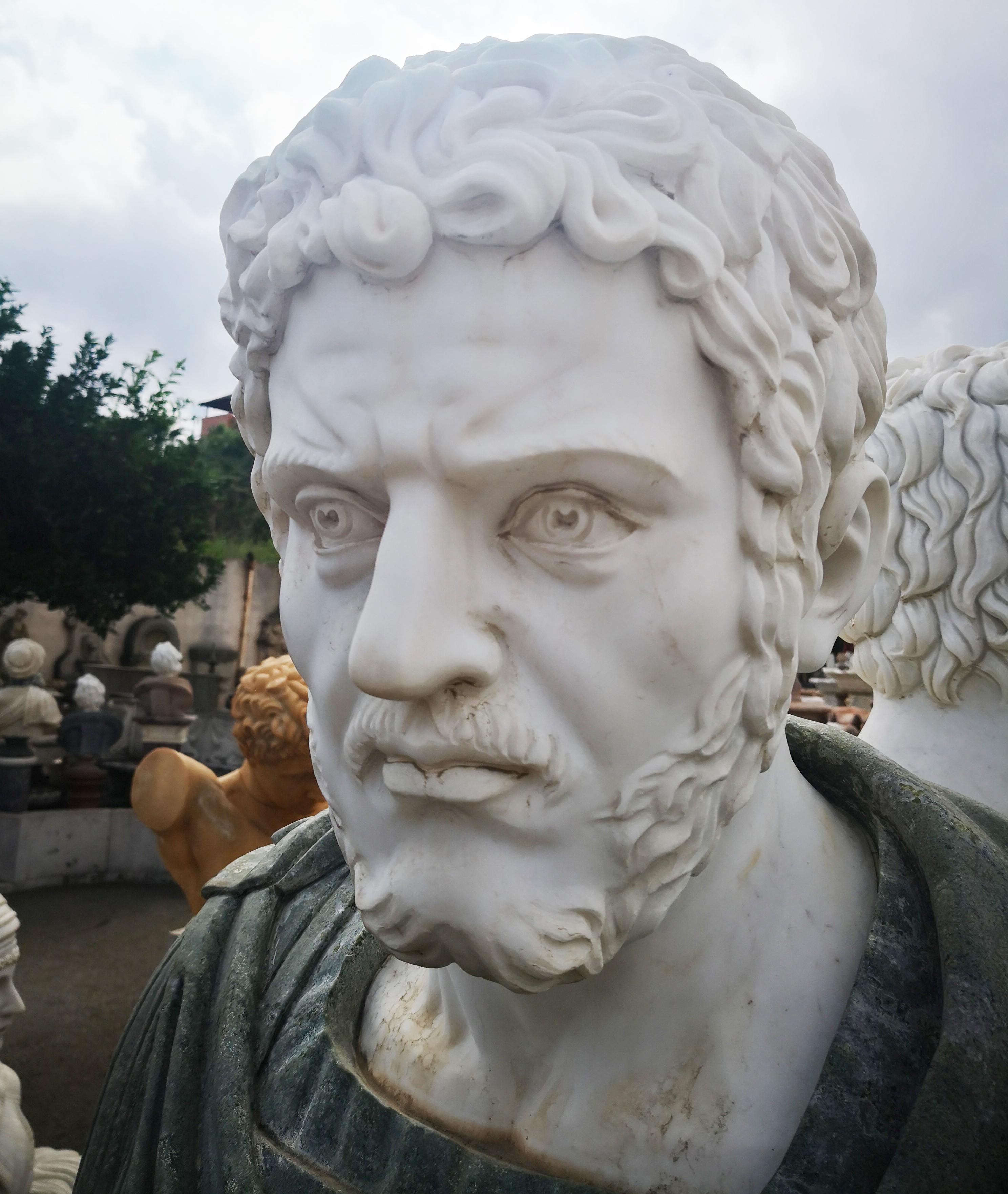 Hand-Carved Bust of Roman Emperor Hadrian in Carrara White and Serpentine Green Marbles