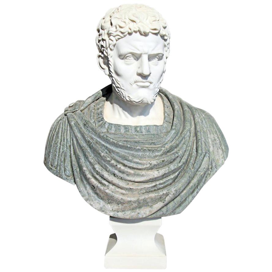 Bust of Roman Emperor Hadrian in Carrara White and Serpentine Green Marbles