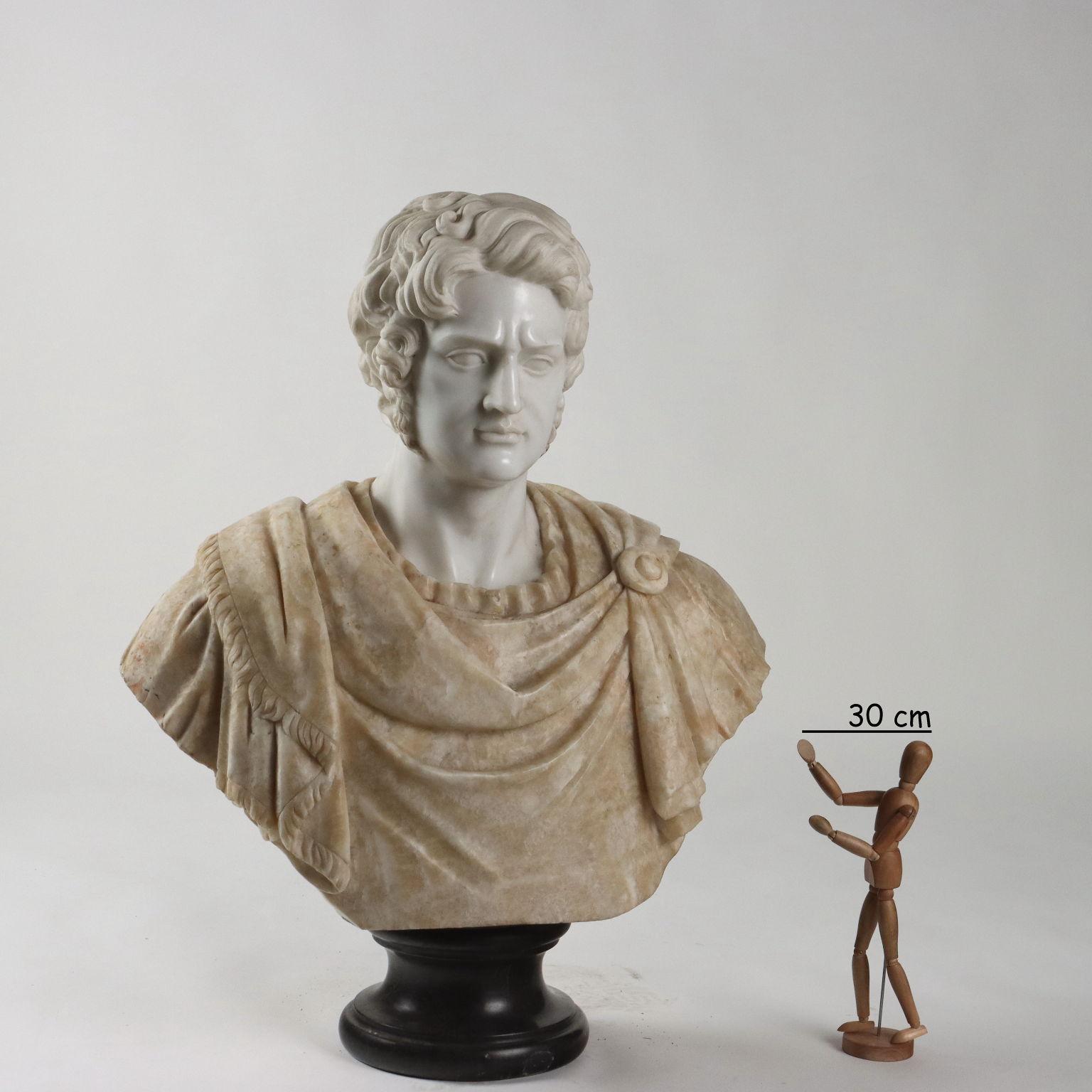 Bust of a Roman emperor in white marble and flowery alabaster, Italy, mid-20th century. Alabaster toga. Base in black marble.