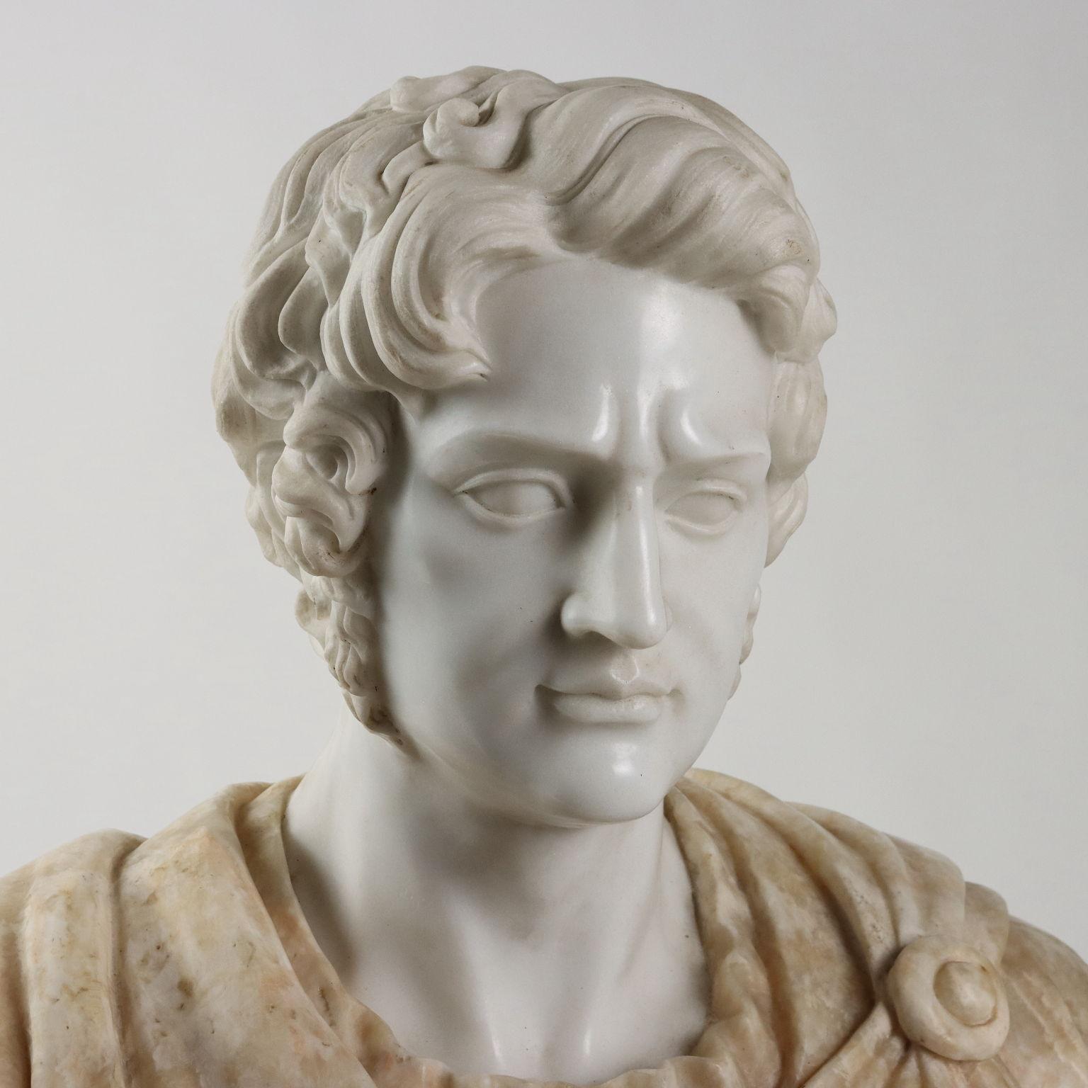 Mid-Century Modern Bust of Roman Emperor in White Marble and Flowered Alabaster For Sale