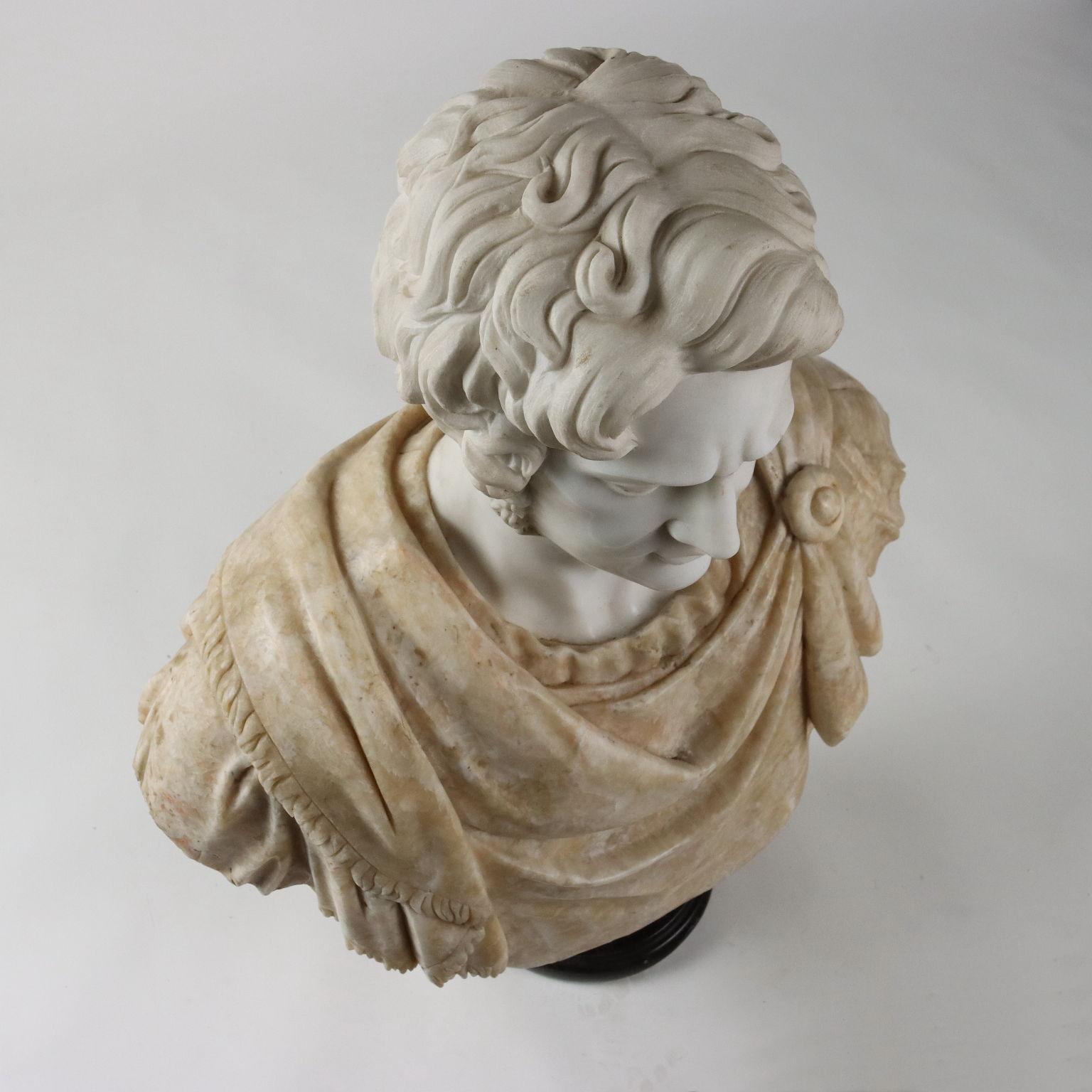 Bust of Roman Emperor in White Marble and Flowered Alabaster For Sale 2