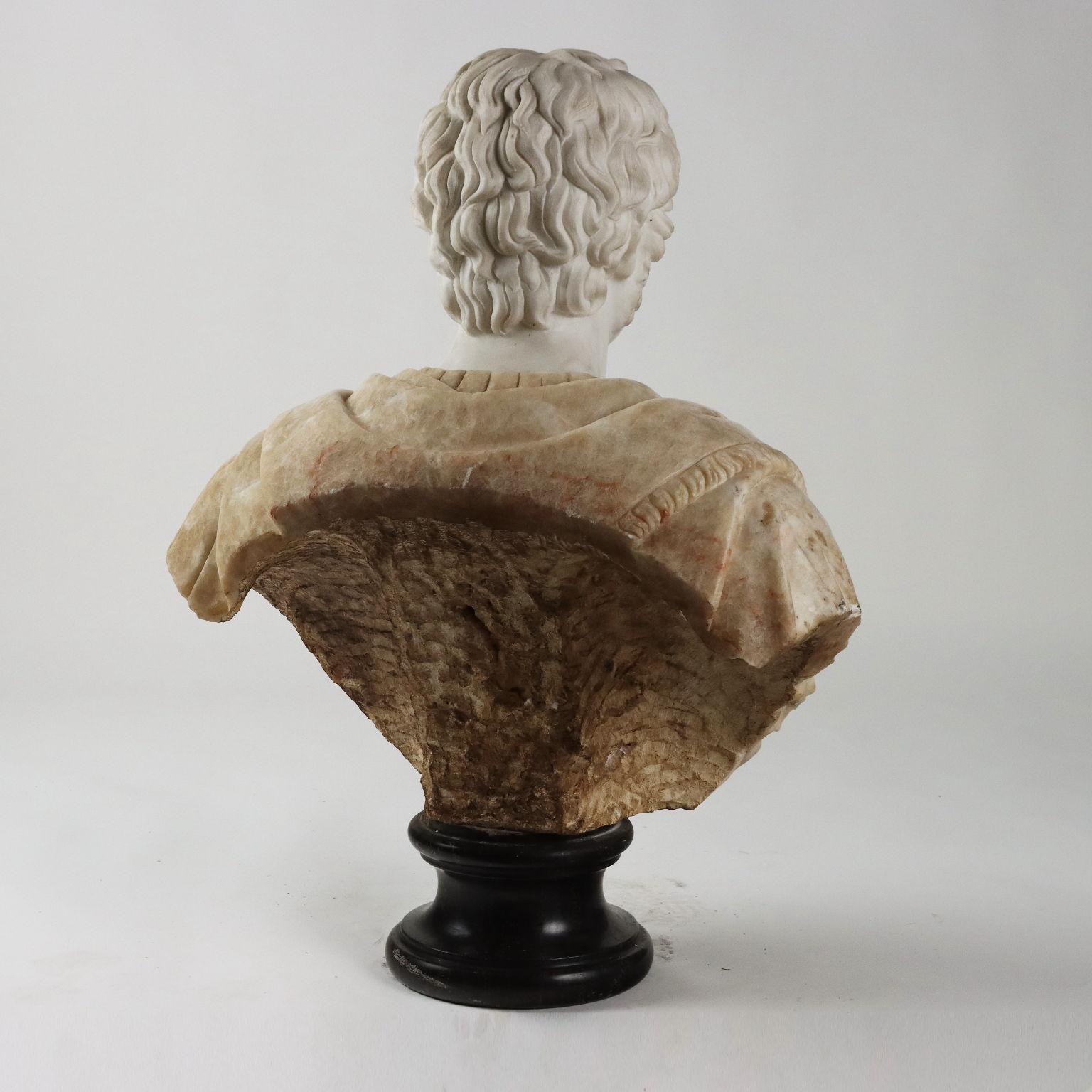 Bust of Roman Emperor in White Marble and Flowered Alabaster For Sale 3