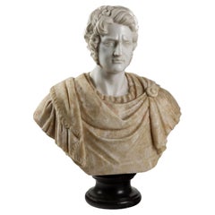 Bust of Roman Emperor in White Marble and Flowered Alabaster