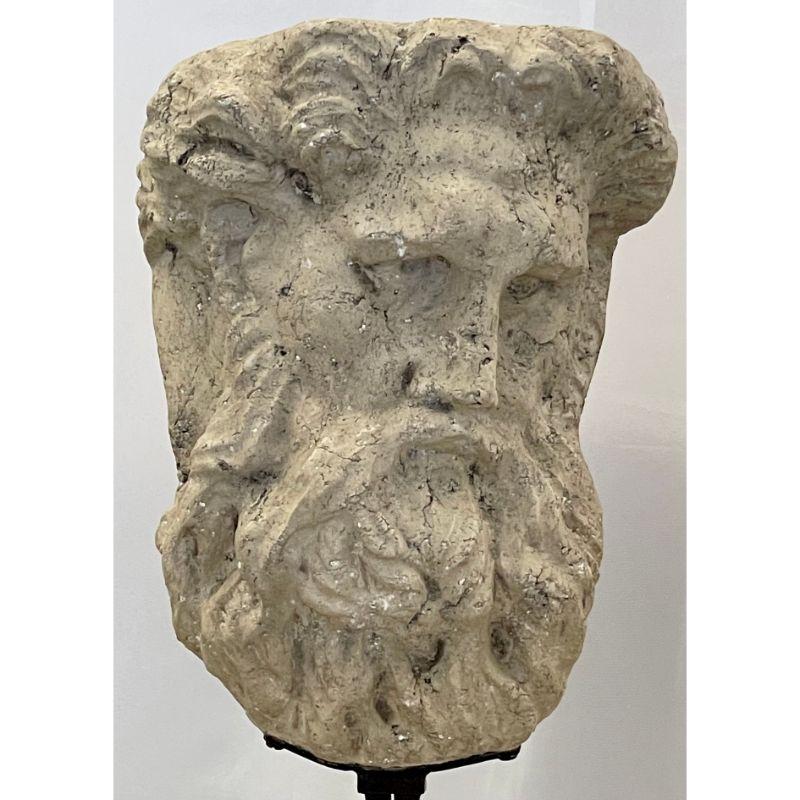 A stunning example of a blasted cement or cast stone bust of a bearded man. The head mounted on a custom metal stand. Finely detailed hand made.
Bust itself measures: 16.5 H x 11 W x 6.5 D.