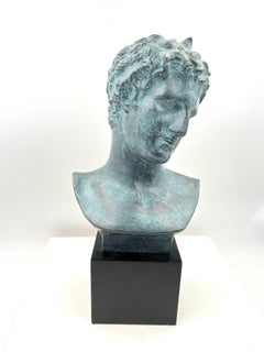 Bust of The Ephebe of Marathon Replica in Verdigris Metal on Wood Base