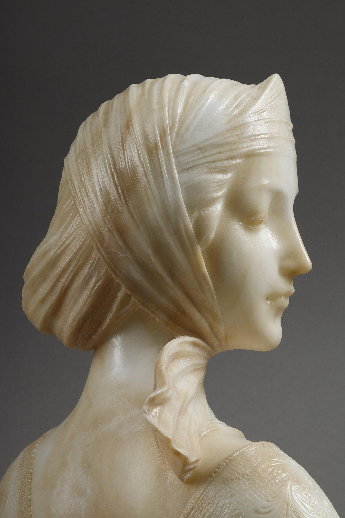 Büste einer jungen Frau aus Alabaster, signiert 