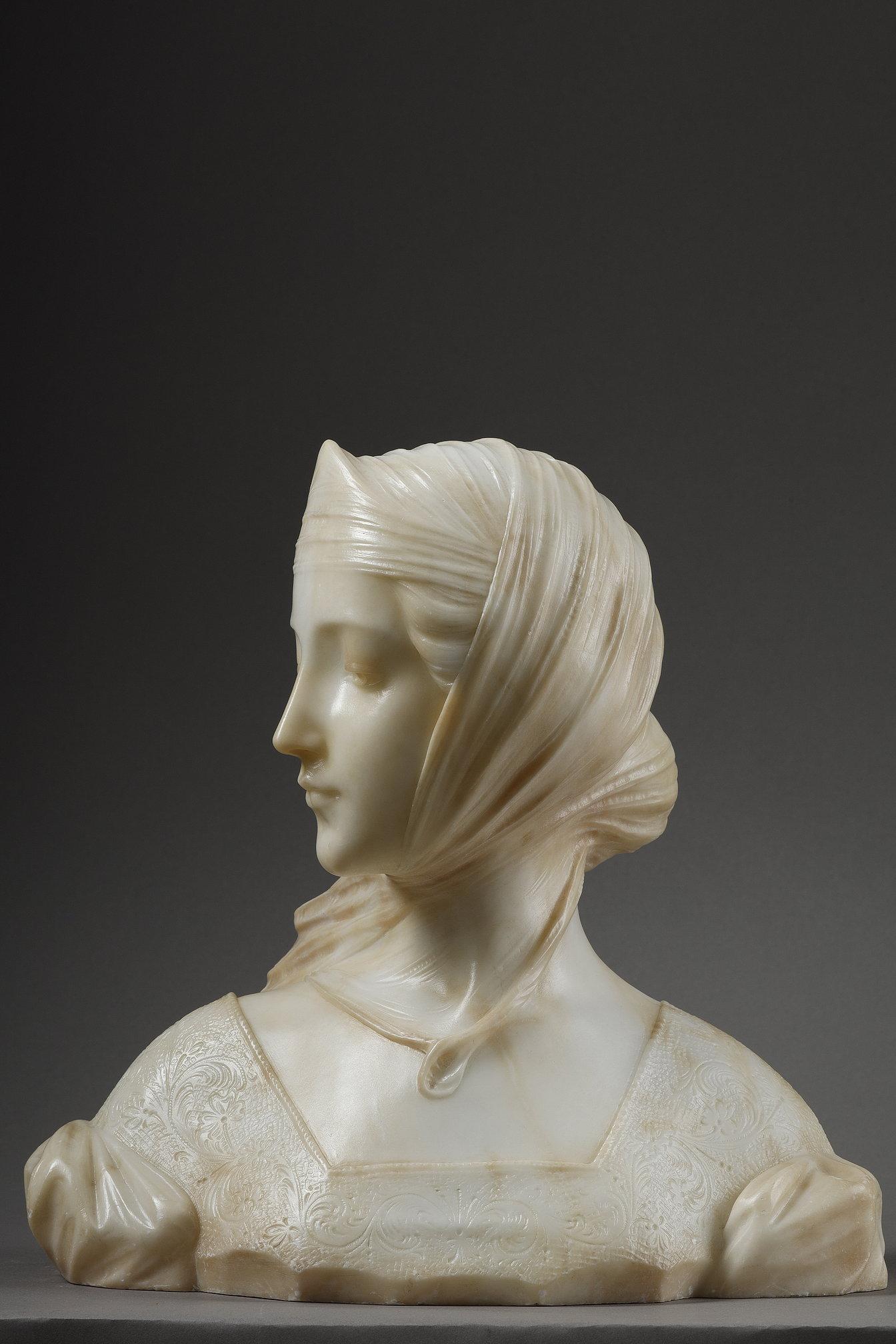 Büste einer jungen Frau aus Alabaster, signiert 