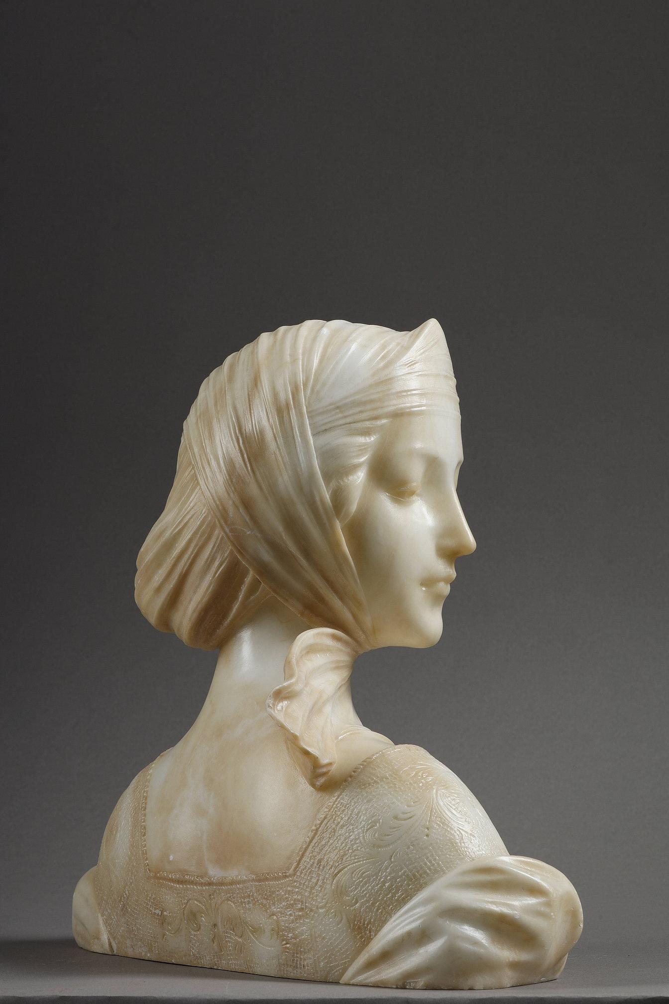 Büste einer jungen Frau aus Alabaster, signiert 