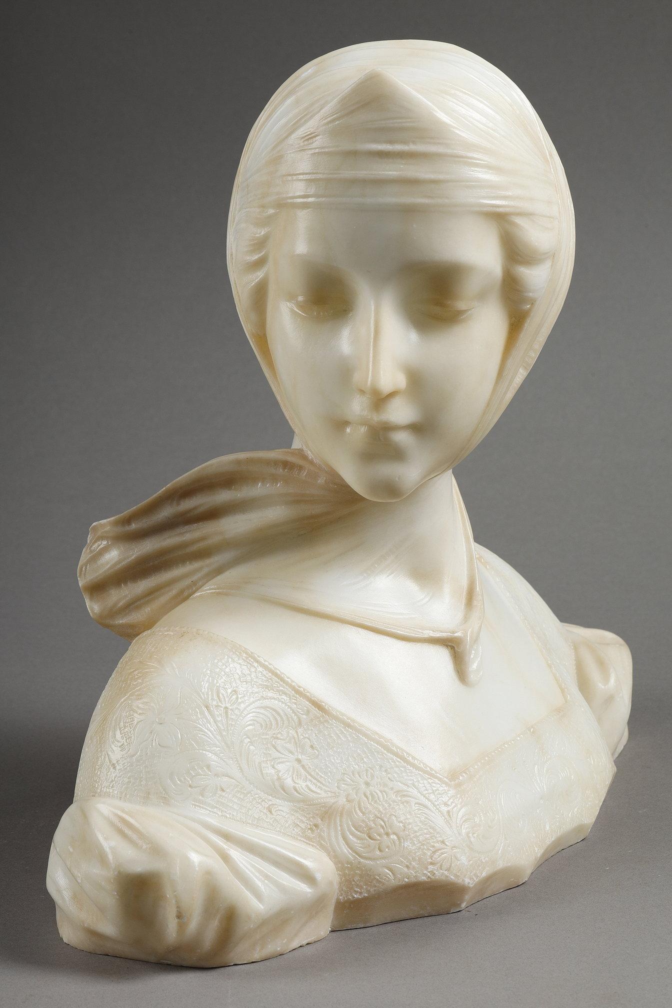Büste einer jungen Frau aus Alabaster, signiert 