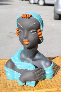 Busto Donna Scultura in Ceramica Cecoslovacchia Praga 1940 Turchese Nero Keramia