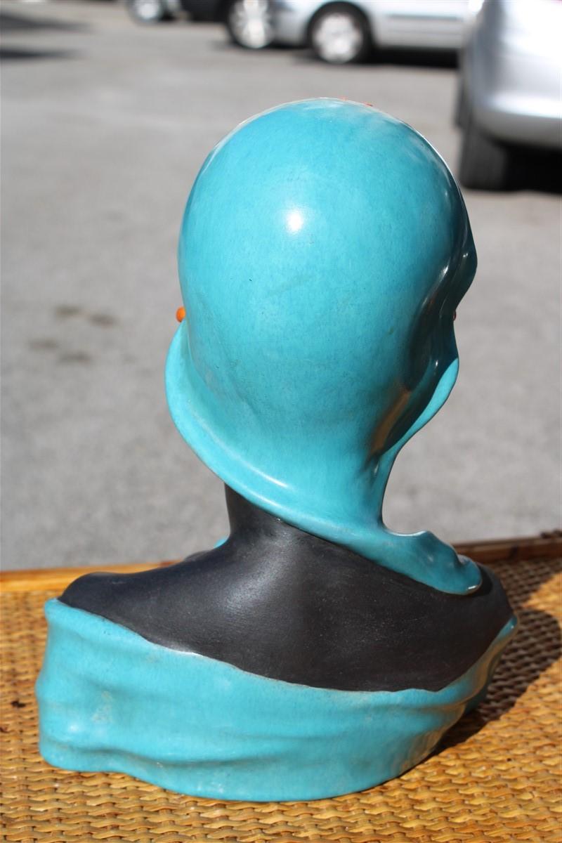 Tchèque Buste Femme Sculpture Céramique Prague 1940 Turquoise Noir Keramia en vente