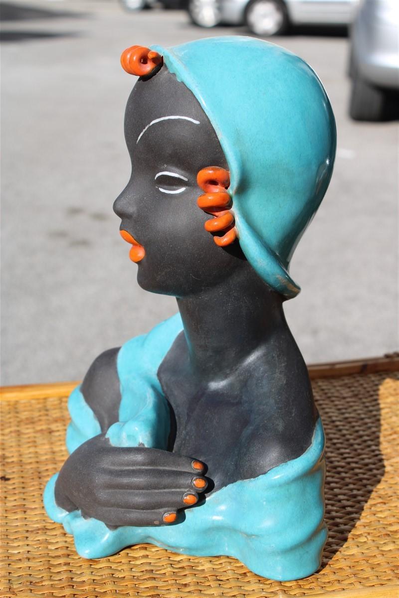 Buste Femme Sculpture Céramique Prague 1940 Turquoise Noir Keramia Bon état - En vente à Palermo, Sicily
