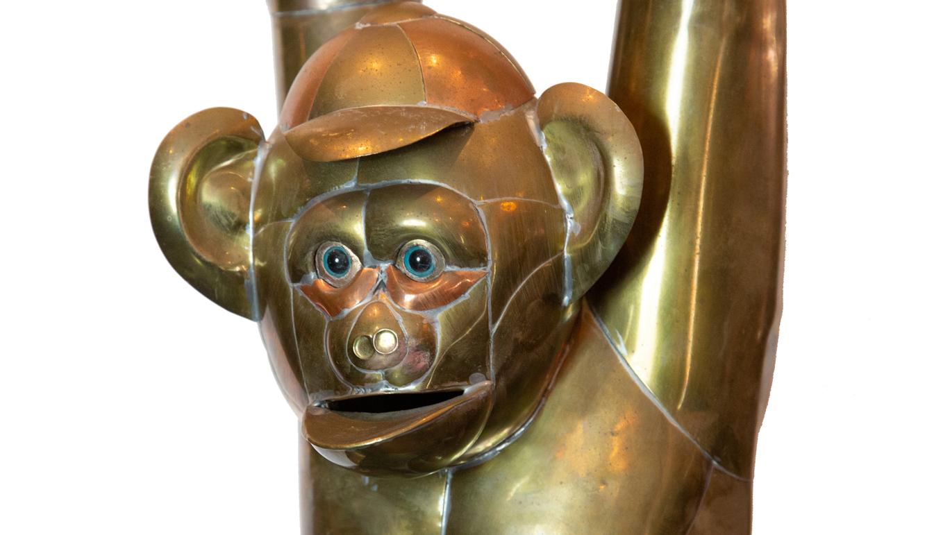 20th Century Bustamante Hanging Brass Monkey with Baseball Cap
