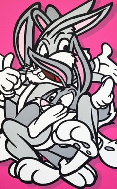 Pop art, pink acrylic on canvas, contemporary, Bunnies figurative
