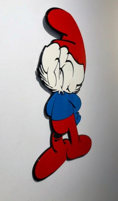 Metall Papa Smurf Pop Art Street Art Wandbehangsskulptur aus Metall in Rot und Blau