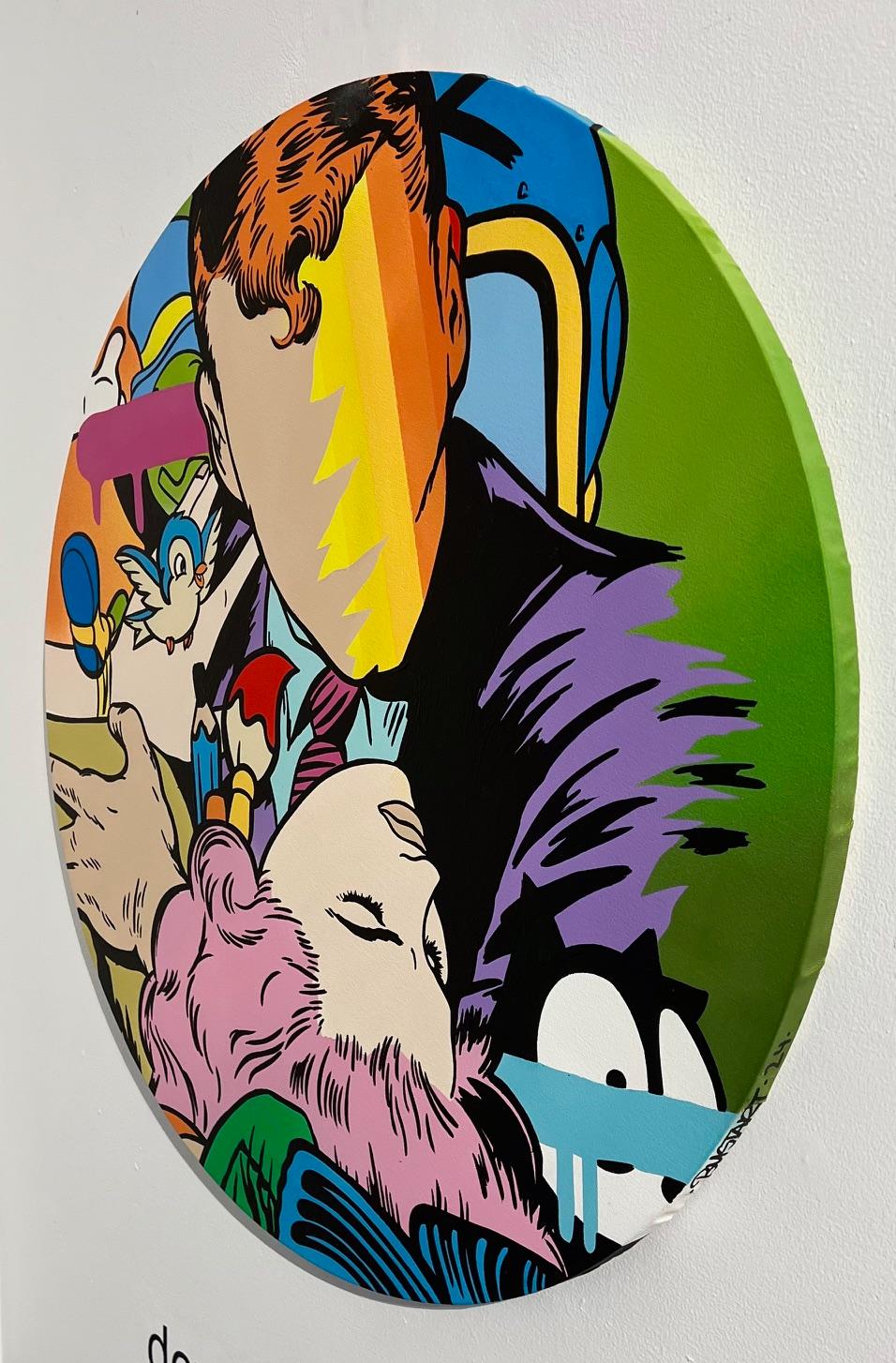 Street art Pop art figurativa dipinta a mano in acrilico su pannello amore contemporaneo - Painting di Bustart