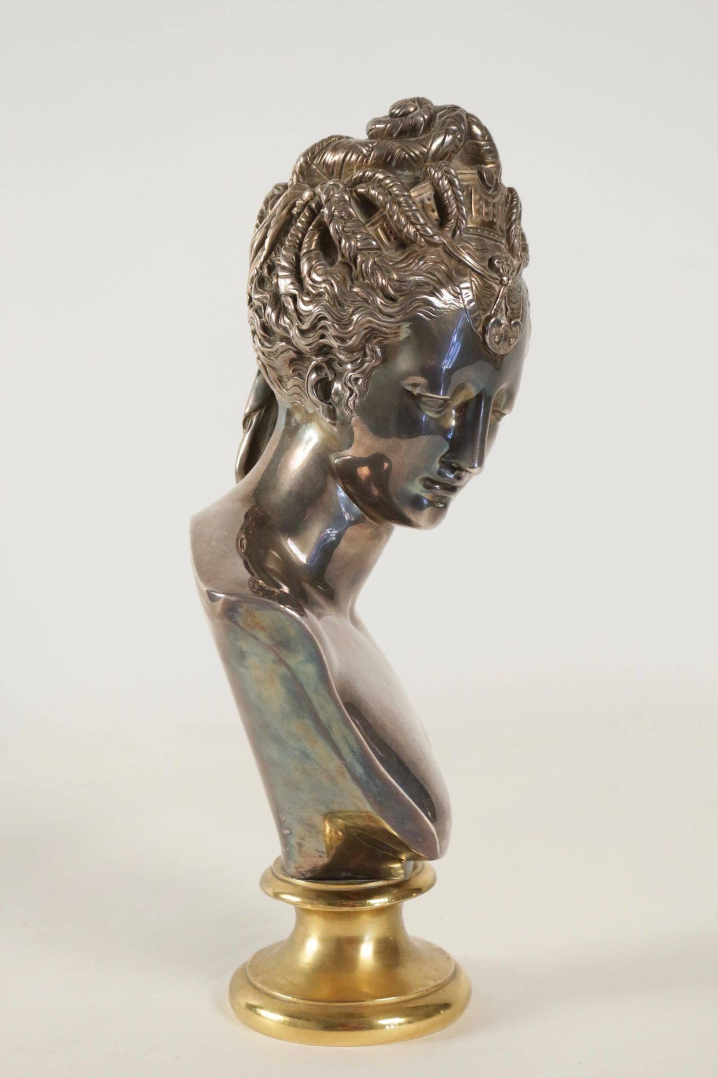 French Buste of Diane in Bronze and Silver, Beginning of the 20th Century